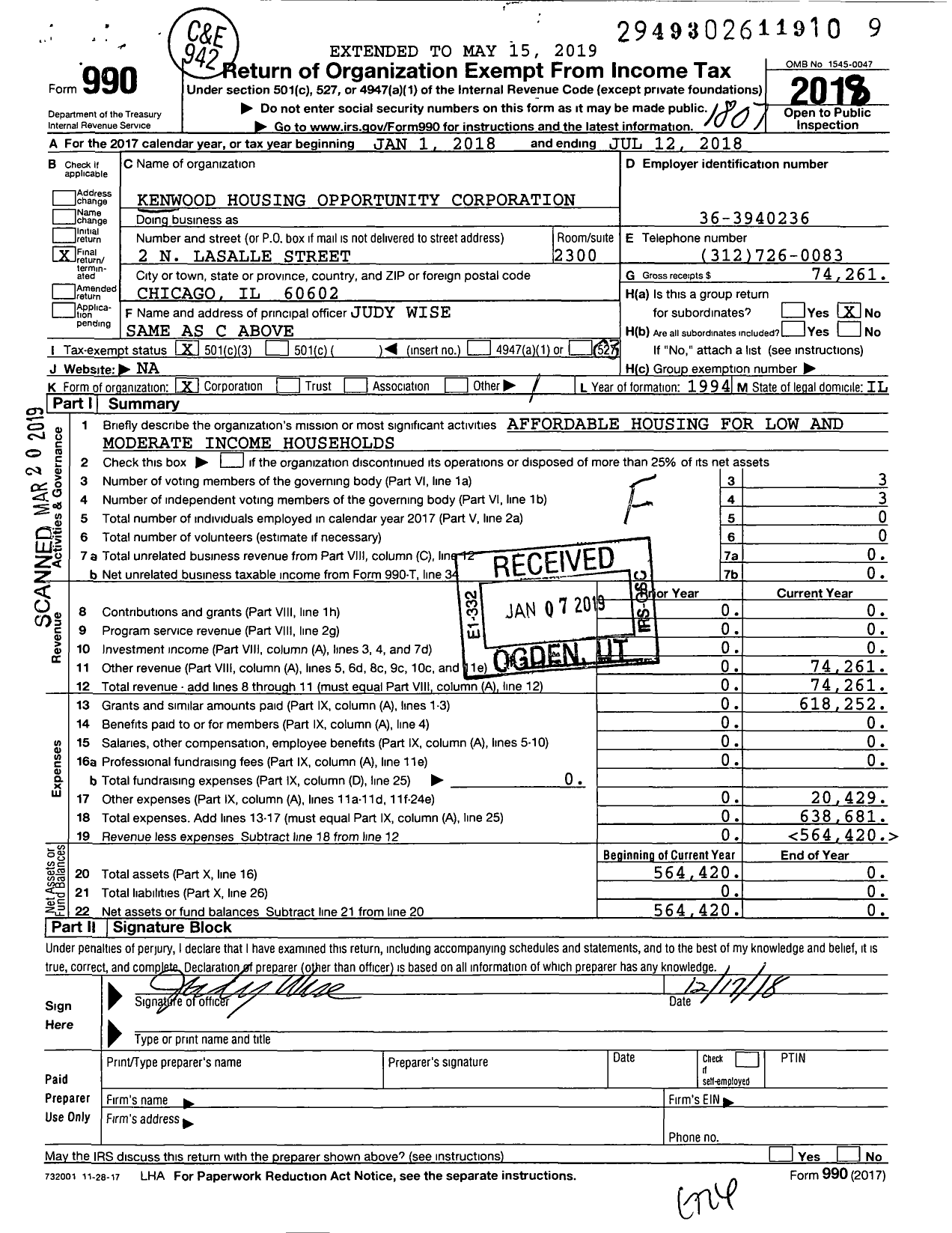 Image of first page of 2017 Form 990 for Kenwood Housing Opportunity Corporation