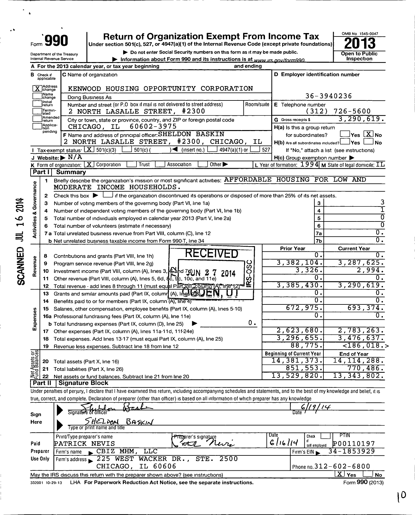 Image of first page of 2013 Form 990 for Kenwood Housing Opportunity Corporation