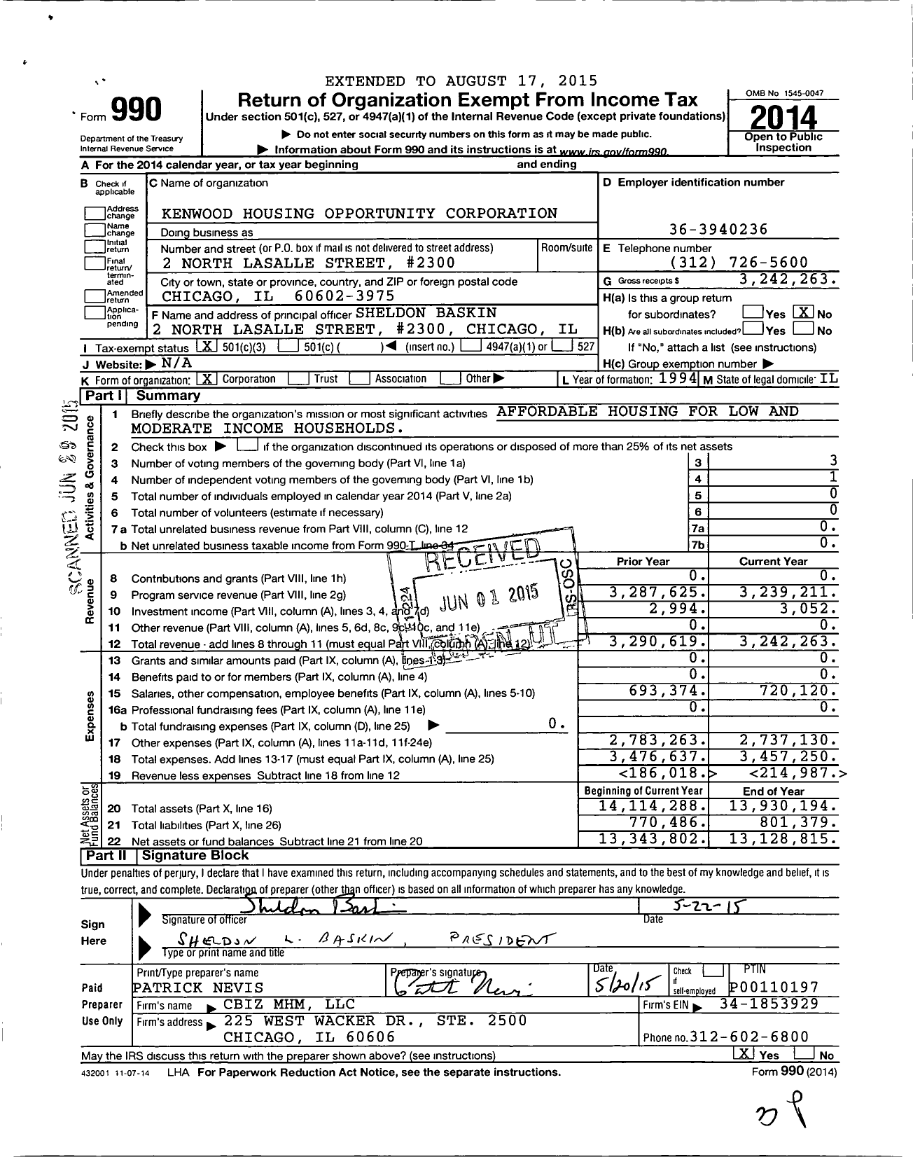 Image of first page of 2014 Form 990 for Kenwood Housing Opportunity Corporation