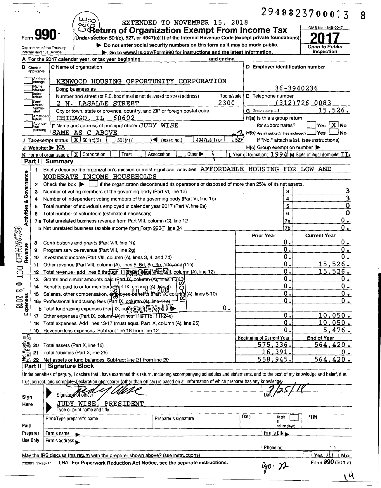 Image of first page of 2017 Form 990 for Kenwood Housing Opportunity Corporation