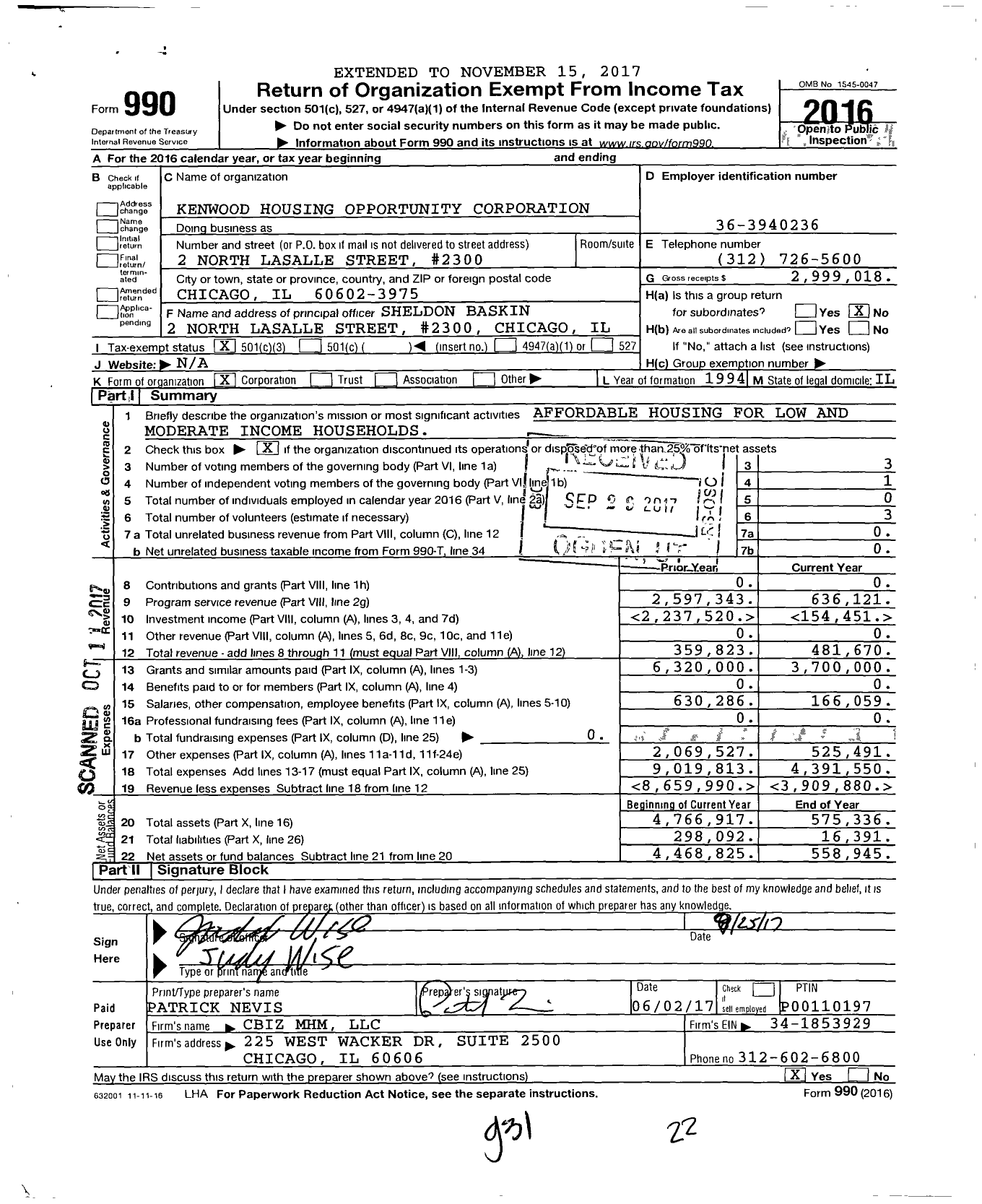 Image of first page of 2016 Form 990 for Kenwood Housing Opportunity Corporation