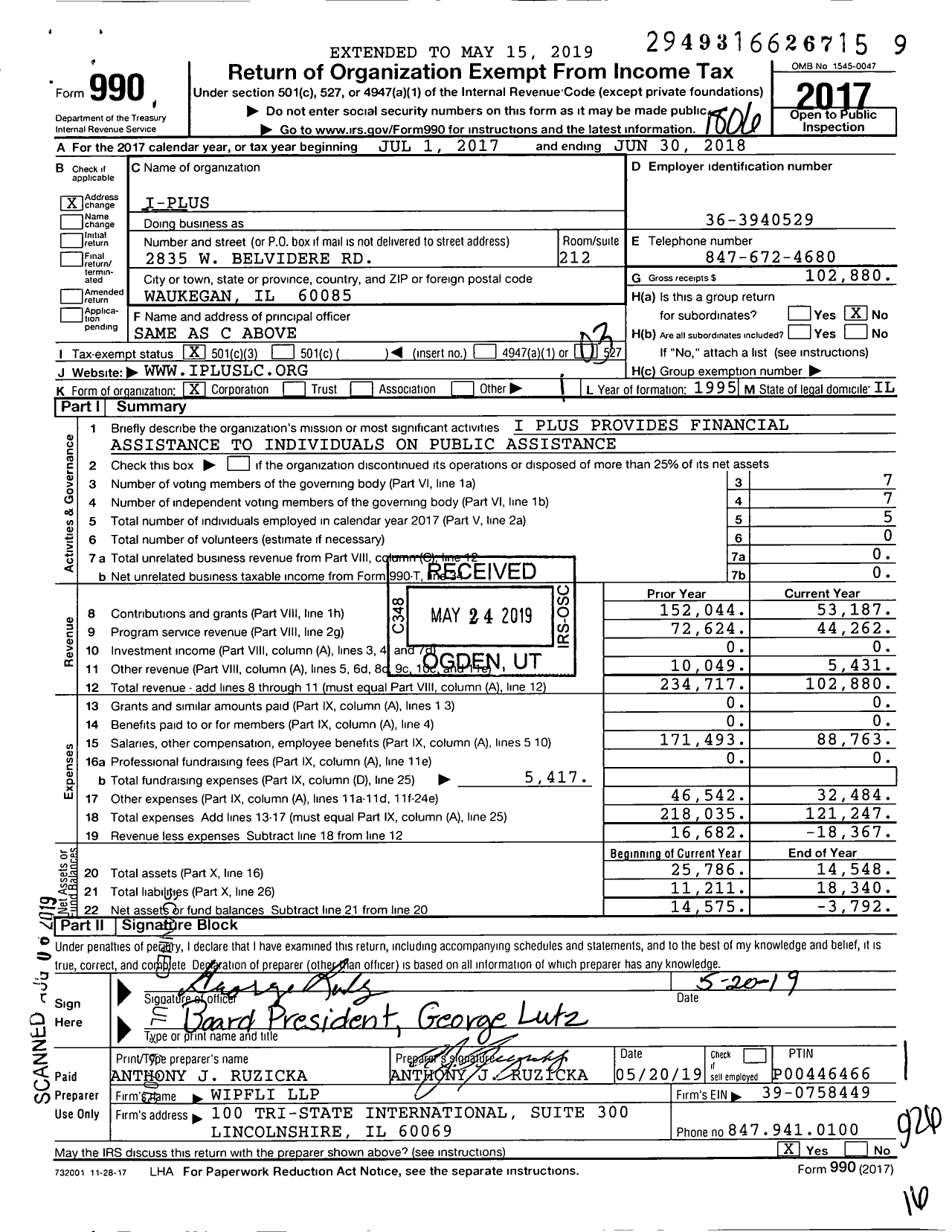 Image of first page of 2017 Form 990 for I-Plus