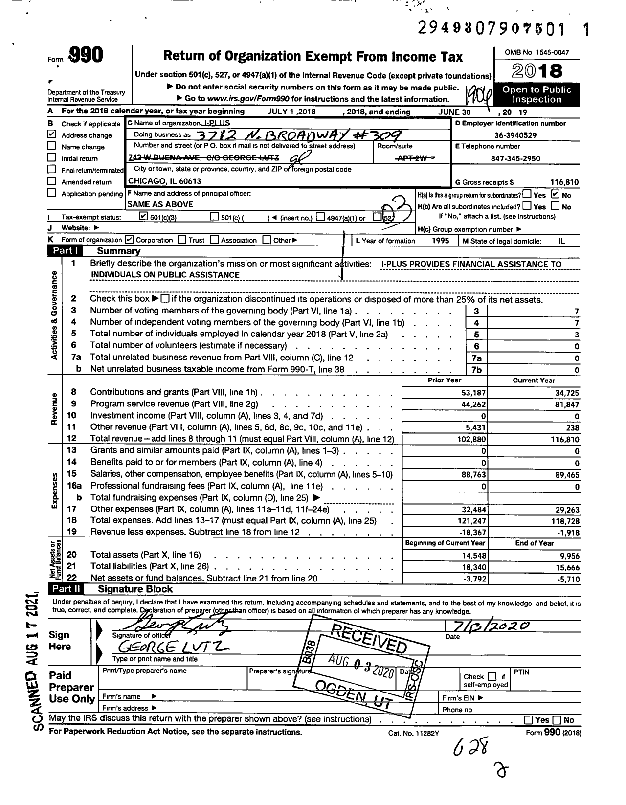 Image of first page of 2018 Form 990 for I-Plus
