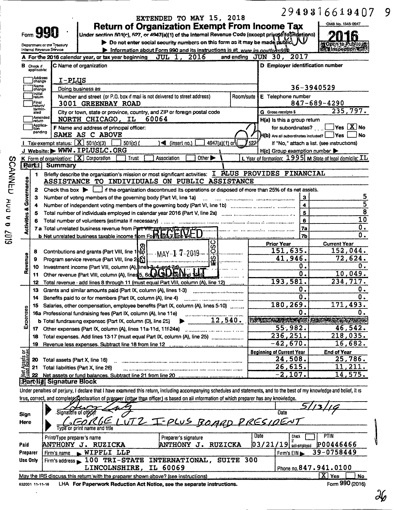 Image of first page of 2016 Form 990 for I-Plus