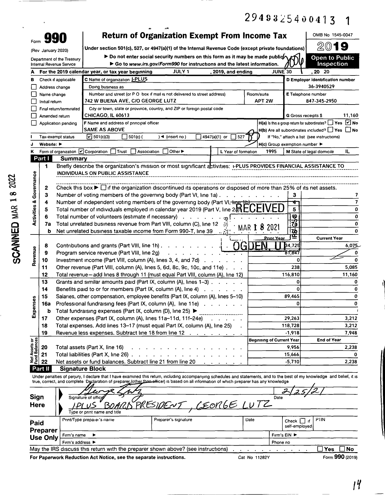 Image of first page of 2019 Form 990 for I-Plus