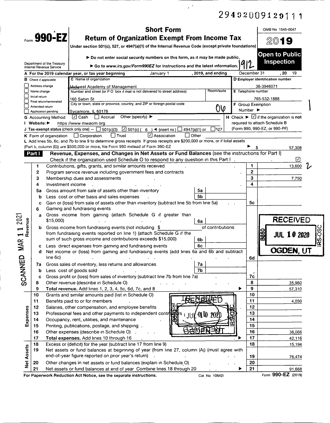 Image of first page of 2019 Form 990EO for Midwest Academy of Management