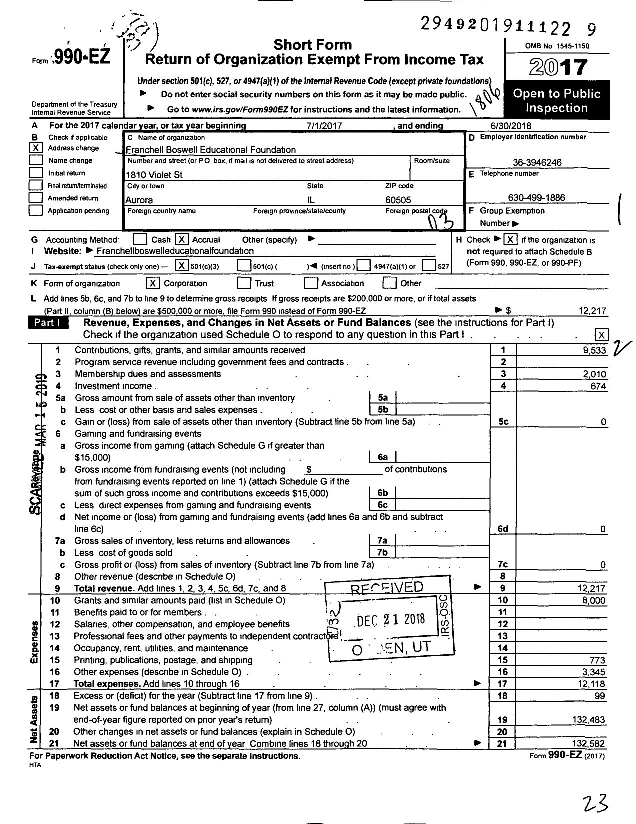Image of first page of 2017 Form 990EZ for Franchell Boswell Educational Foundation
