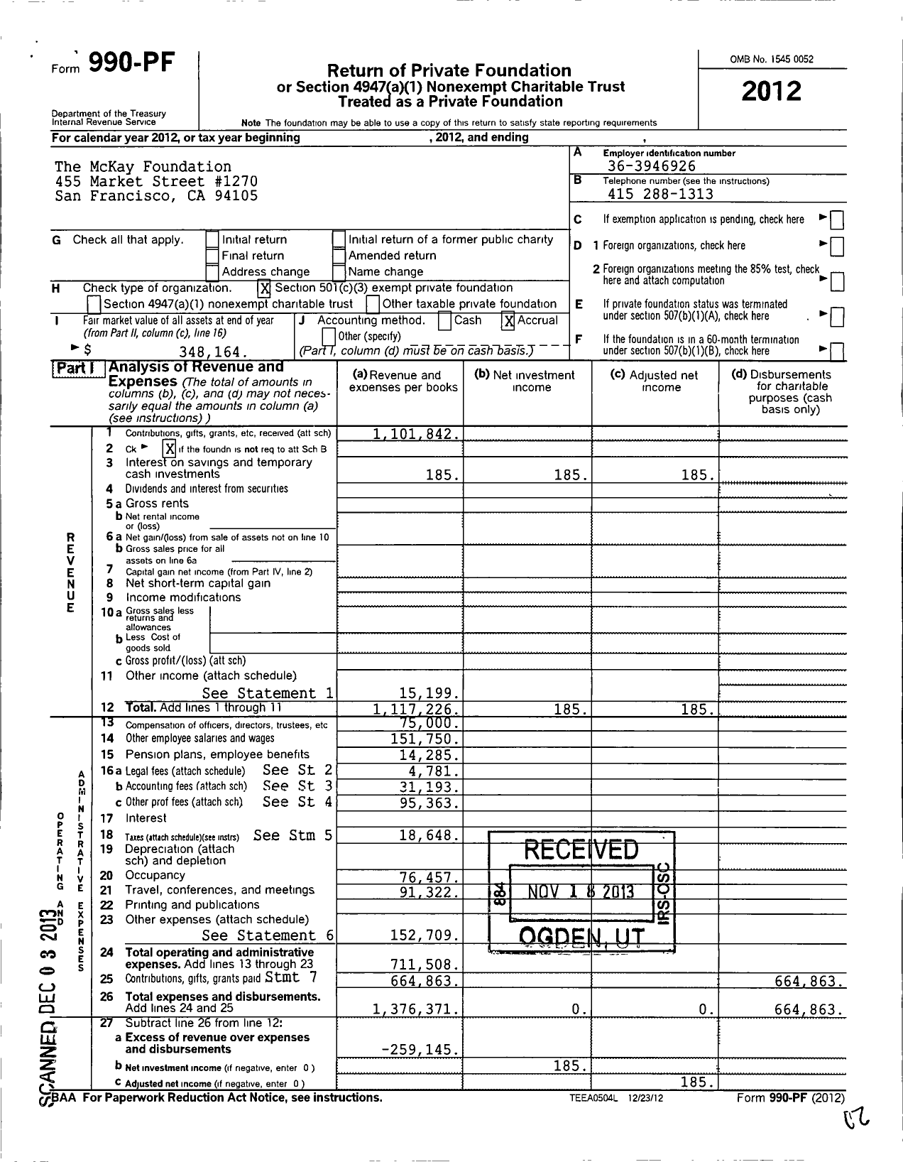 Image of first page of 2012 Form 990PF for Mckay Foundation