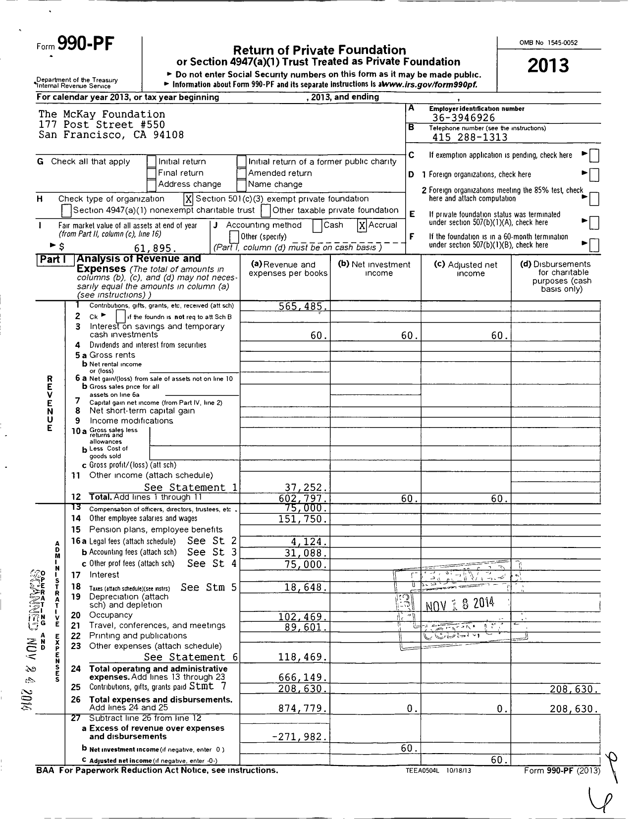 Image of first page of 2013 Form 990PF for Mckay Foundation