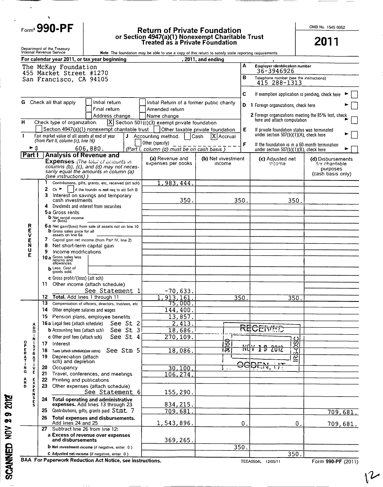 Image of first page of 2011 Form 990PF for Mckay Foundation