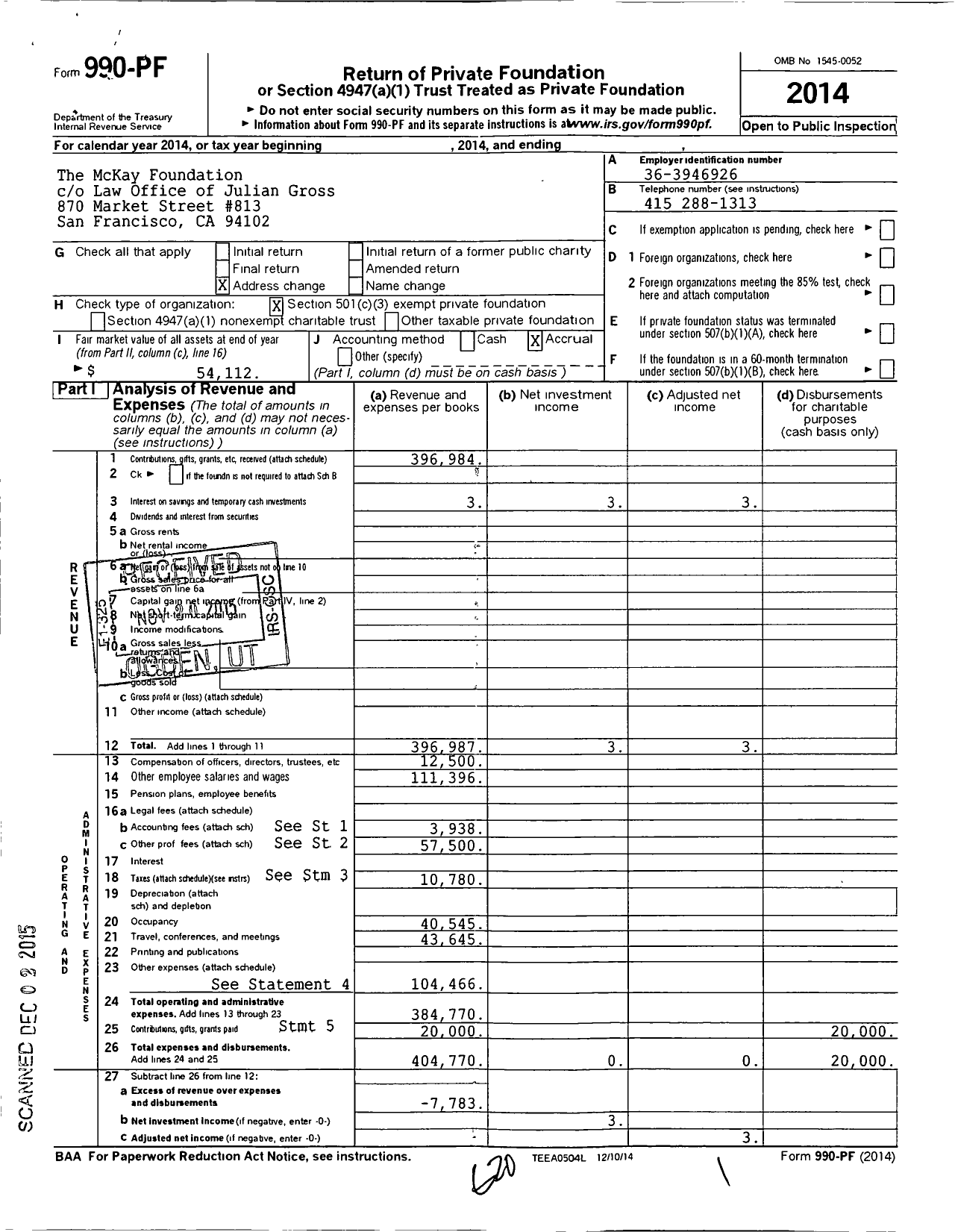 Image of first page of 2014 Form 990PF for Mckay Foundation