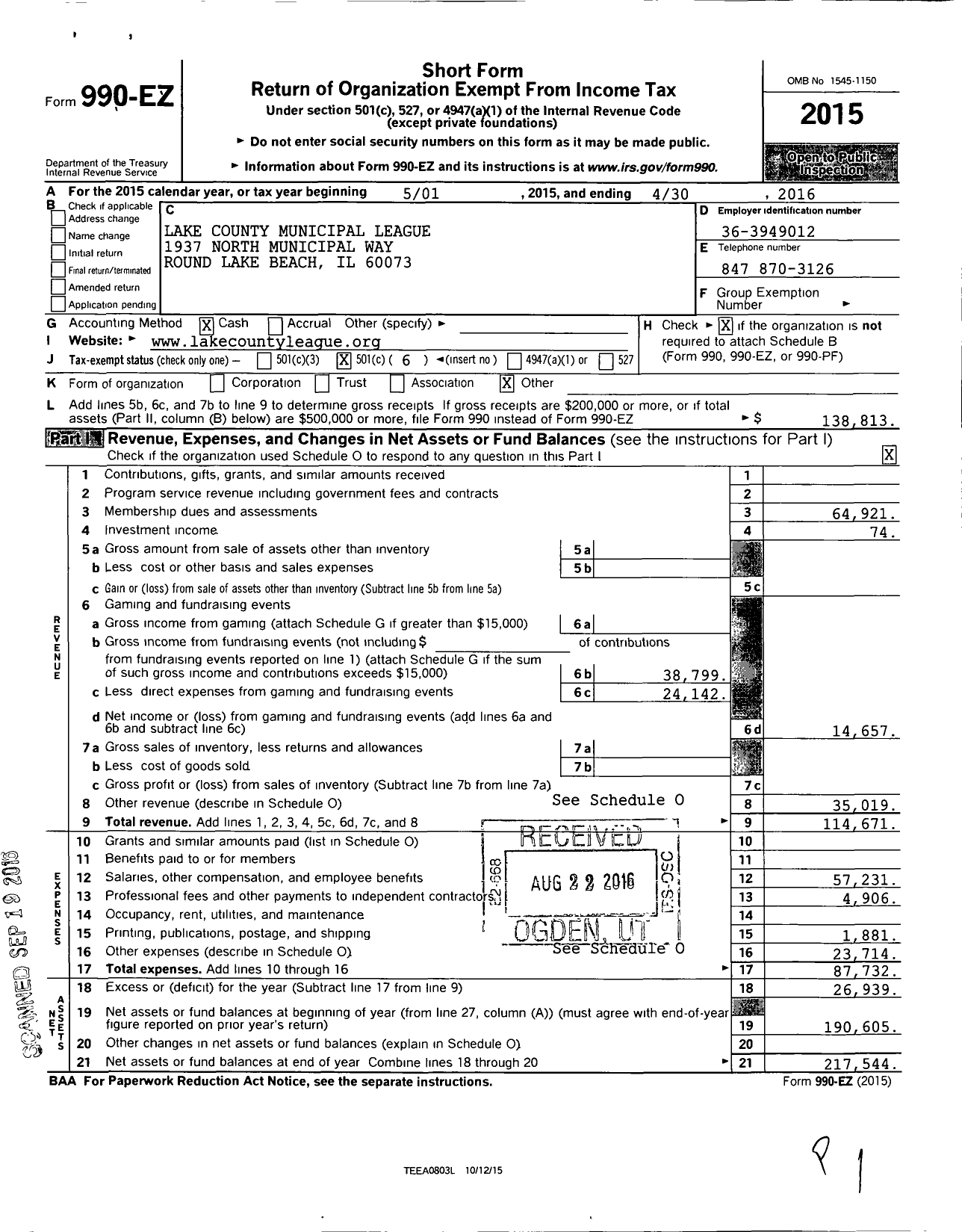 Image of first page of 2015 Form 990EO for Lake County Municipal League