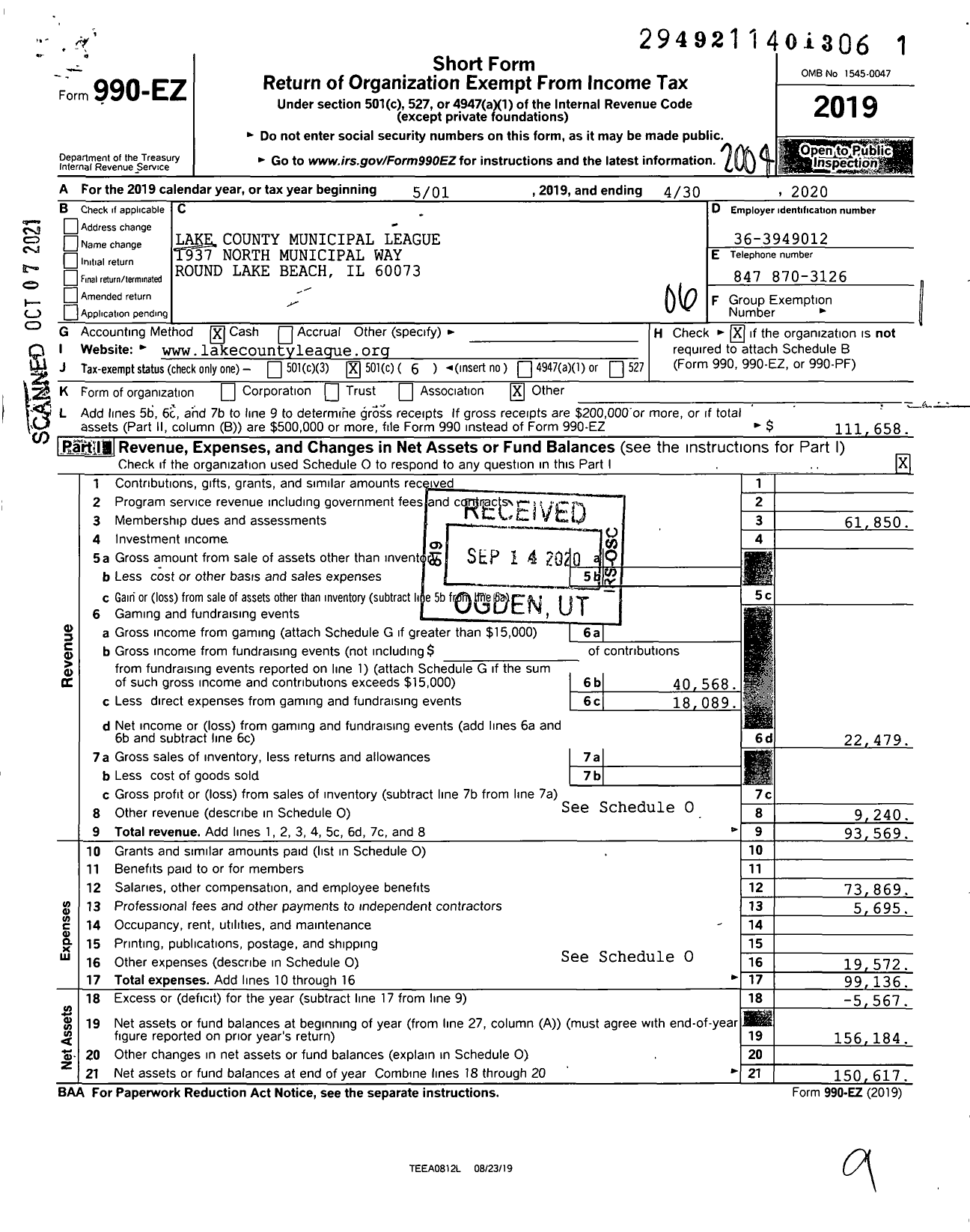 Image of first page of 2019 Form 990EO for Lake County Municipal League