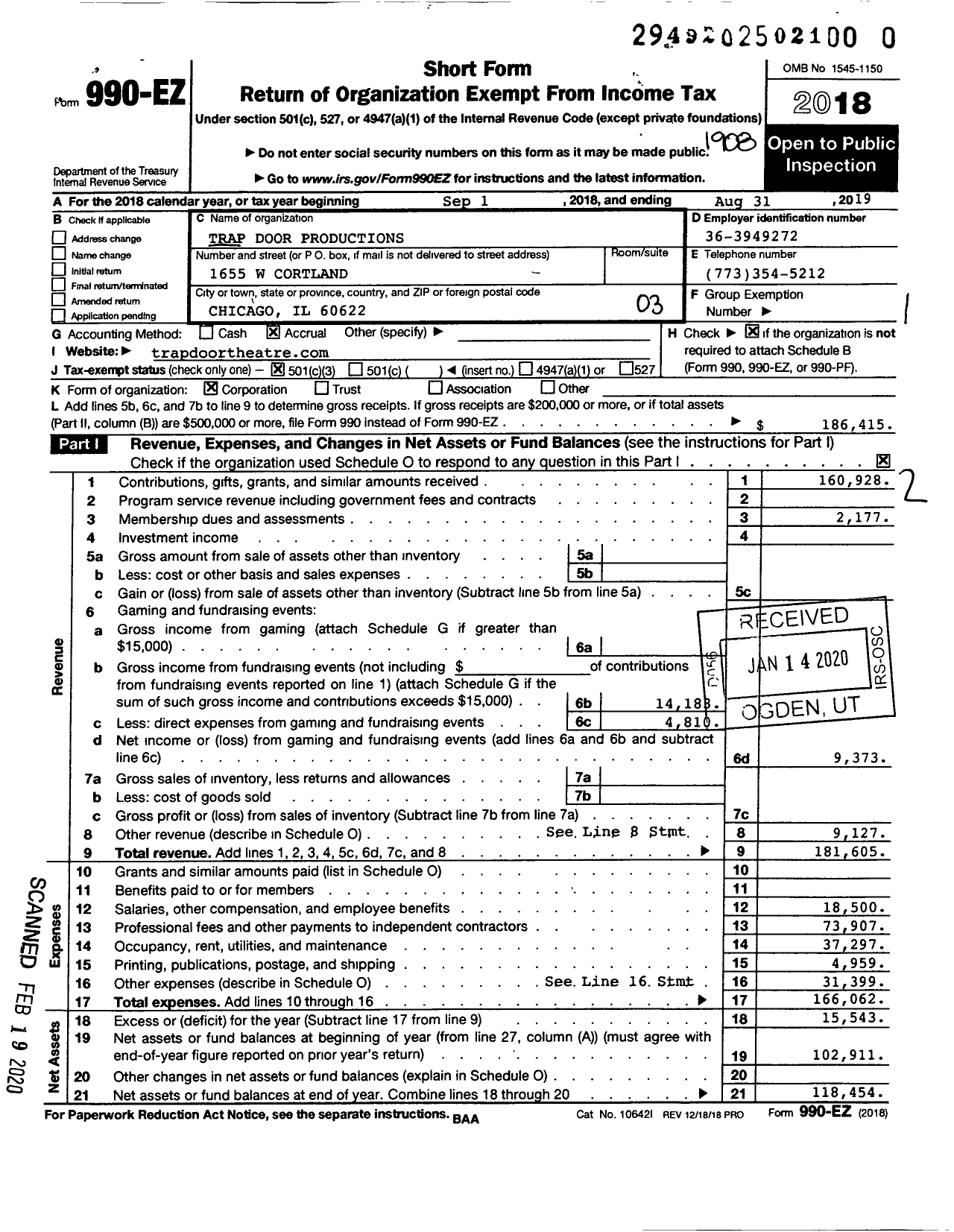 Image of first page of 2018 Form 990EZ for Trap Door Productions