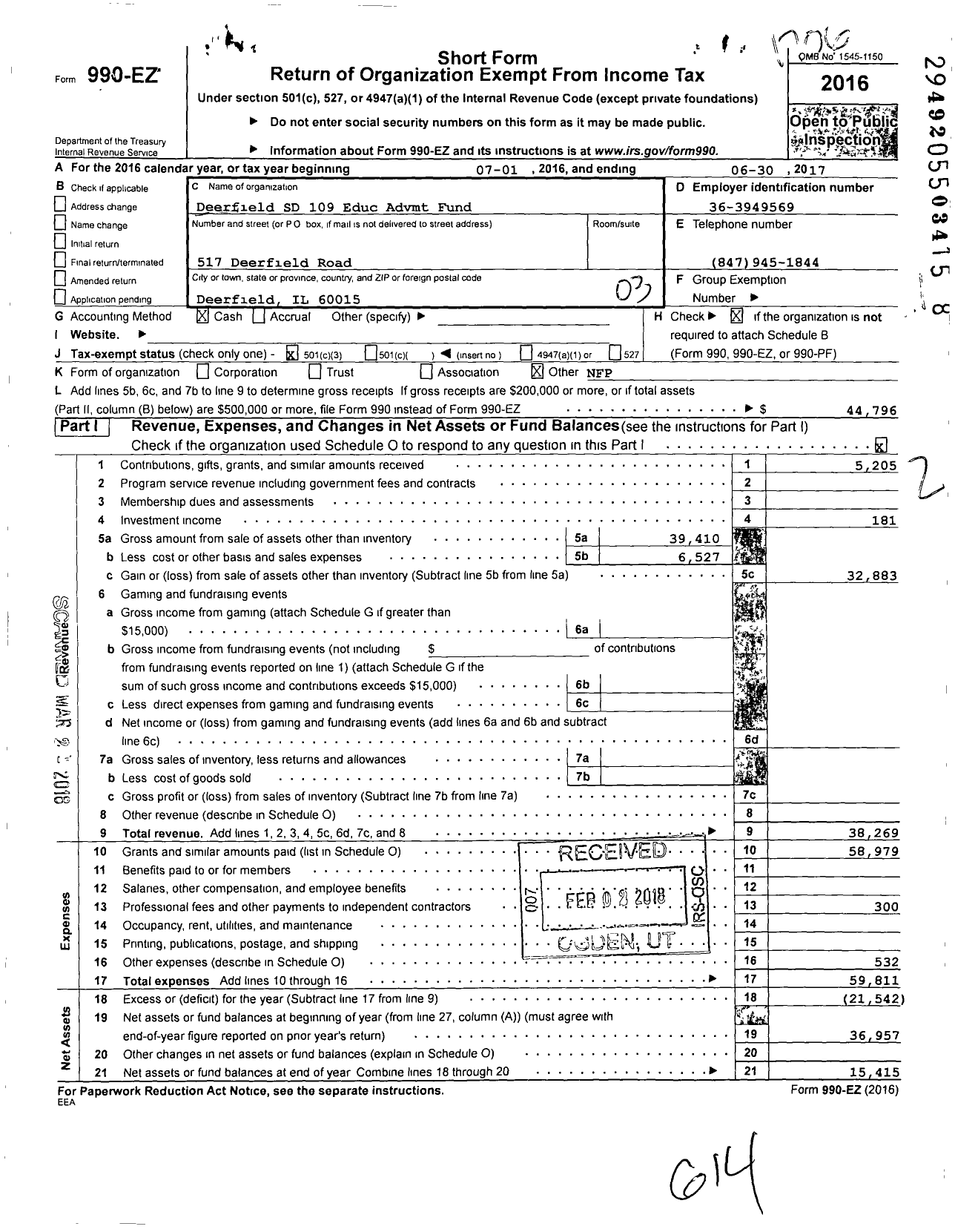 Image of first page of 2016 Form 990EZ for Deerfield SD 109 Educ Advmt Fund