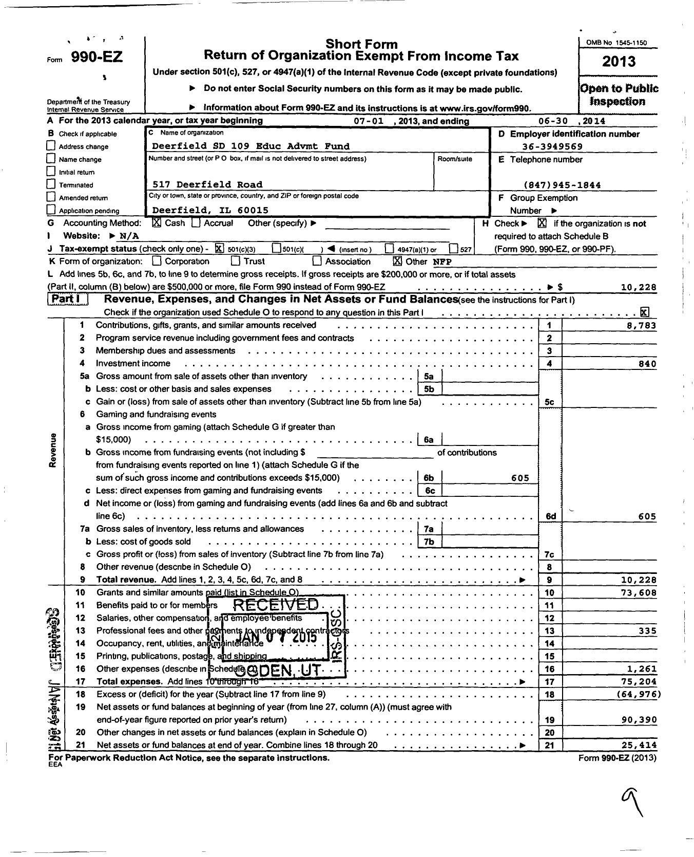 Image of first page of 2013 Form 990EZ for Deerfield SD 109 Educ Advmt Fund