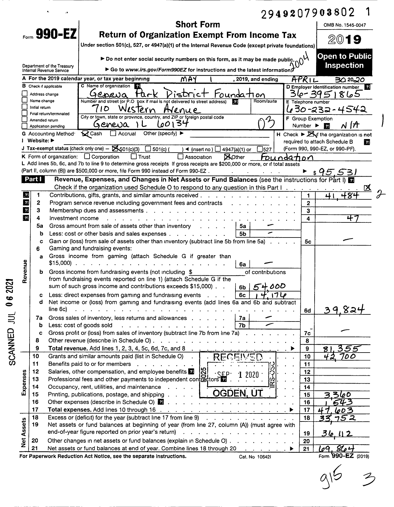 Image of first page of 2019 Form 990EZ for Geneva Park District Foundation