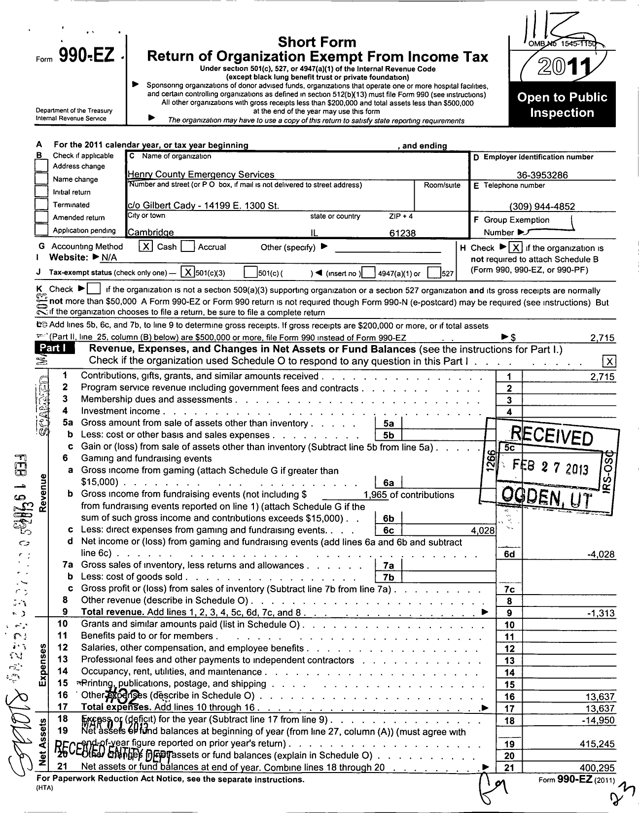 Image of first page of 2011 Form 990EZ for Henry County Emergency Services Association