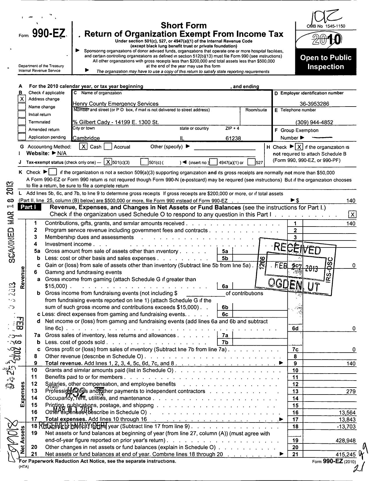 Image of first page of 2010 Form 990EZ for Henry County Emergency Services Association