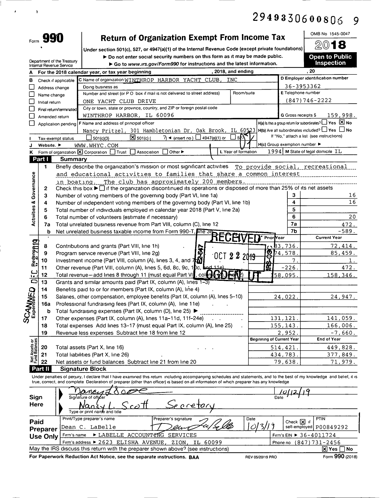 Image of first page of 2018 Form 990O for Winthrop Harbor Yacht Club