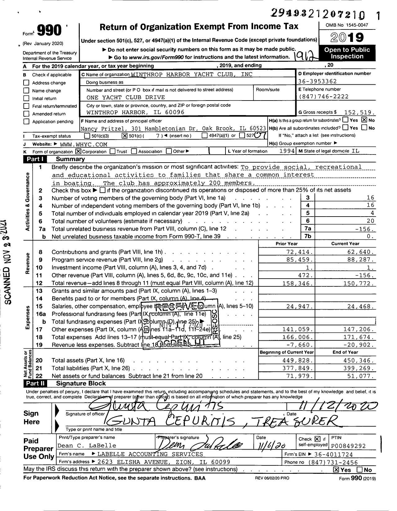 Image of first page of 2019 Form 990O for Winthrop Harbor Yacht Club