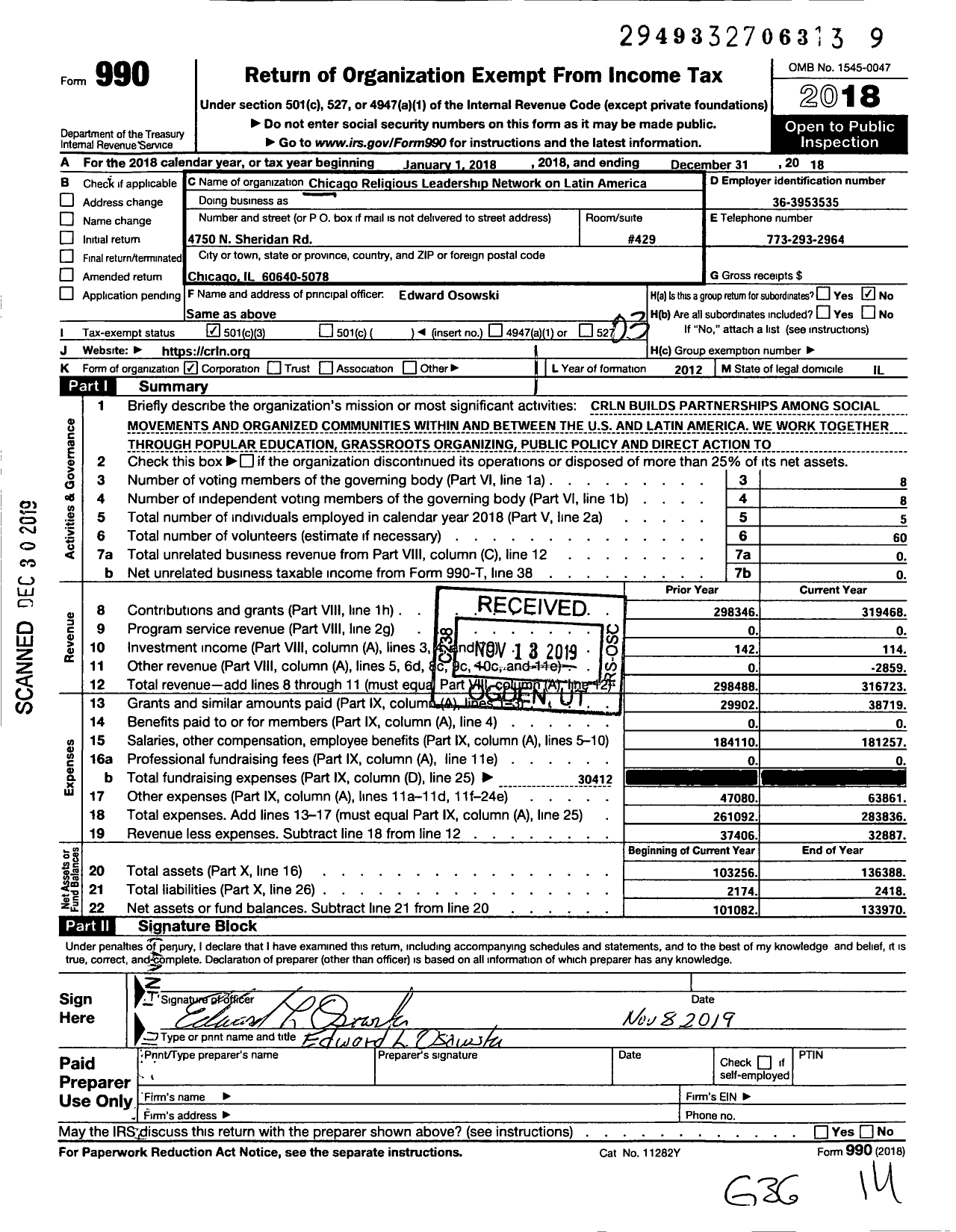 Image of first page of 2018 Form 990 for Chicago Religious Leadership Network on Latin America