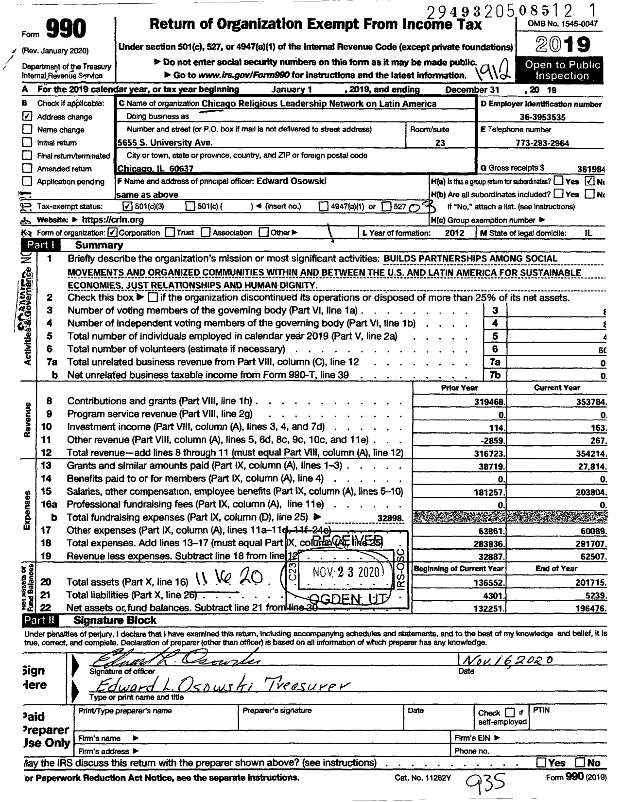 Image of first page of 2019 Form 990 for Chicago Religious Leadership Network on Latin America