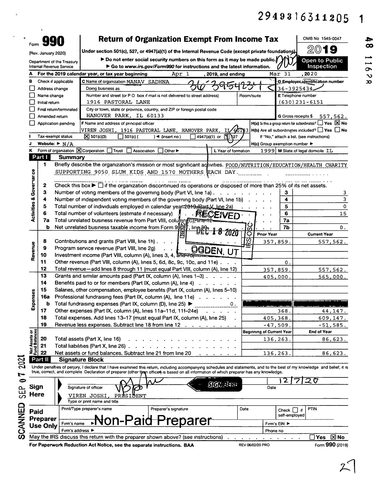 Image of first page of 2019 Form 990 for Manav Sadhna