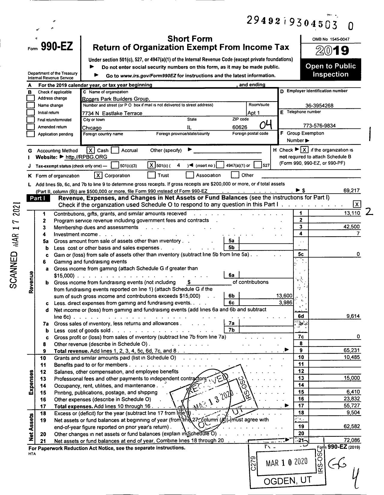 Image of first page of 2019 Form 990EO for Rogers Park Builders Group