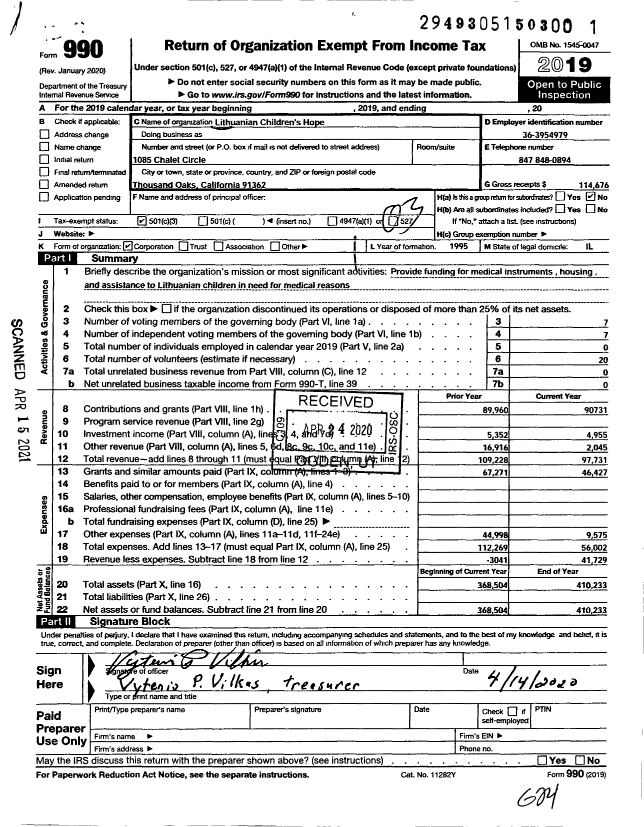 Image of first page of 2019 Form 990 for Lithuanian Childrens Hope