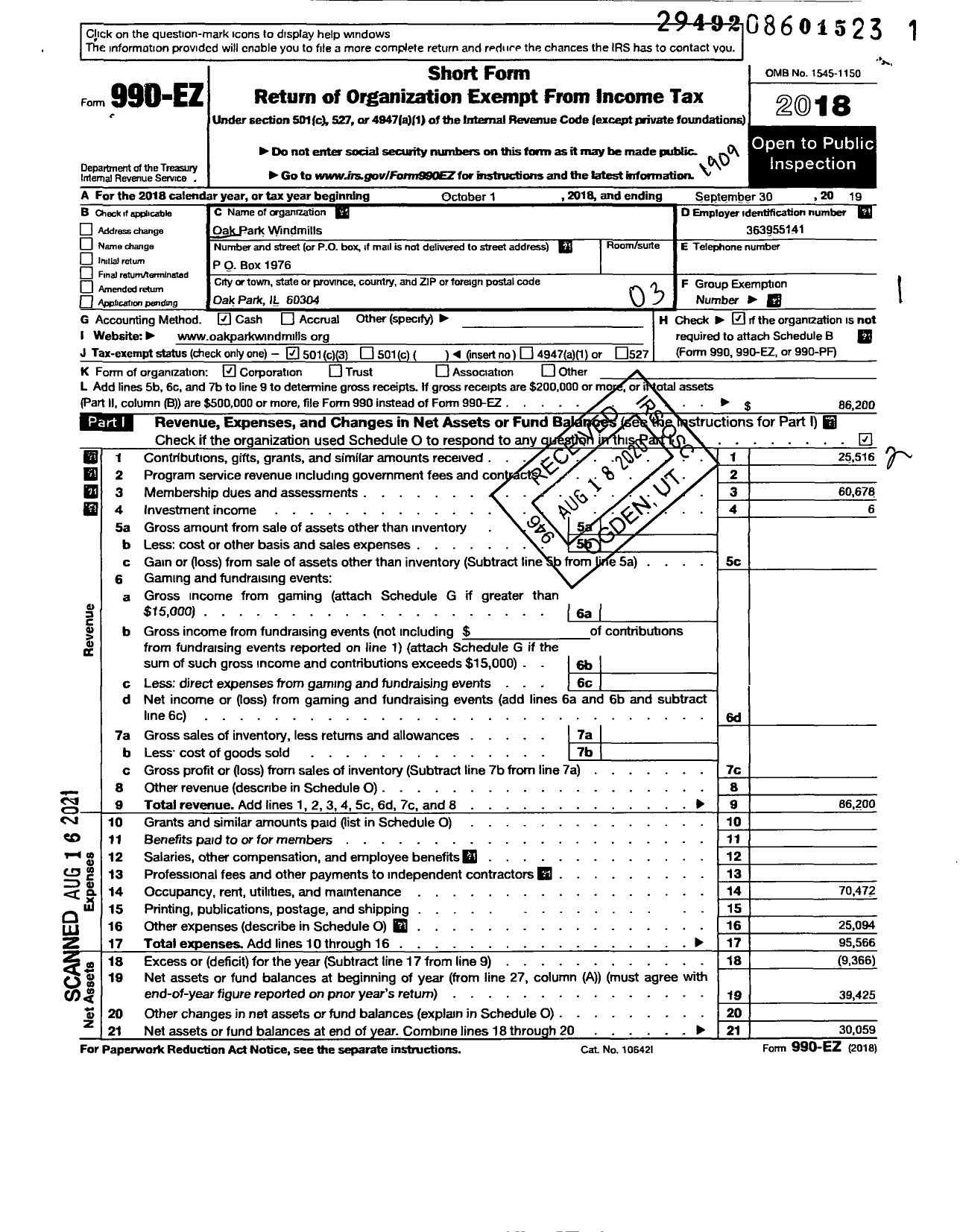 Image of first page of 2018 Form 990EZ for Oak Park Windmills