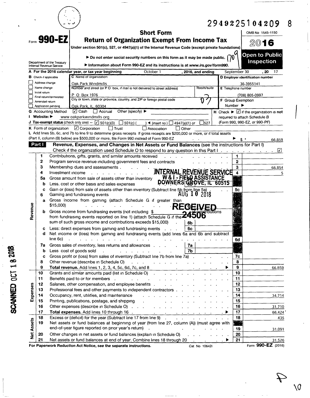 Image of first page of 2016 Form 990EZ for Oak Park Windmills