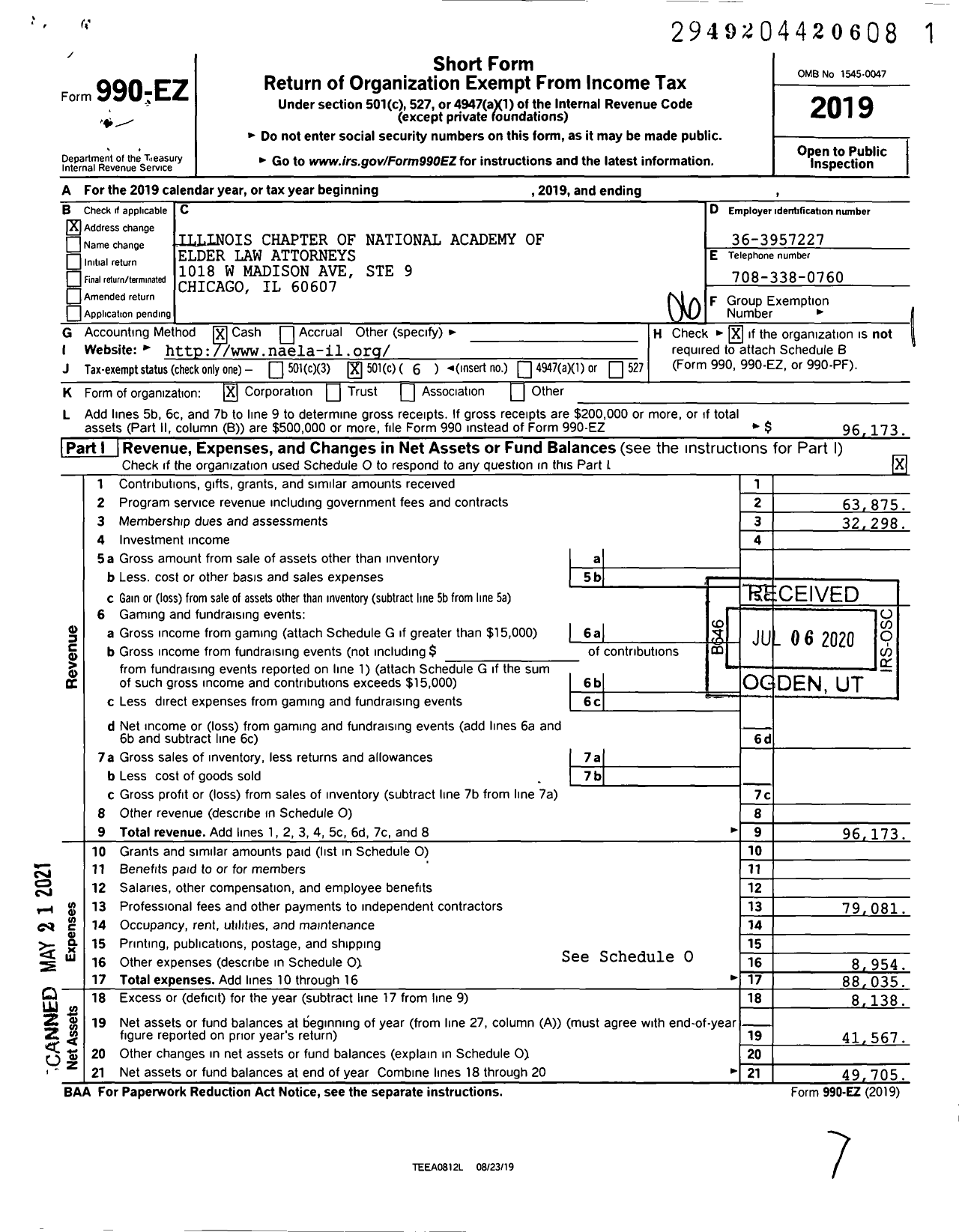 Image of first page of 2019 Form 990EO for Illinois Chapter of National Academy of Elder Law Attorneys