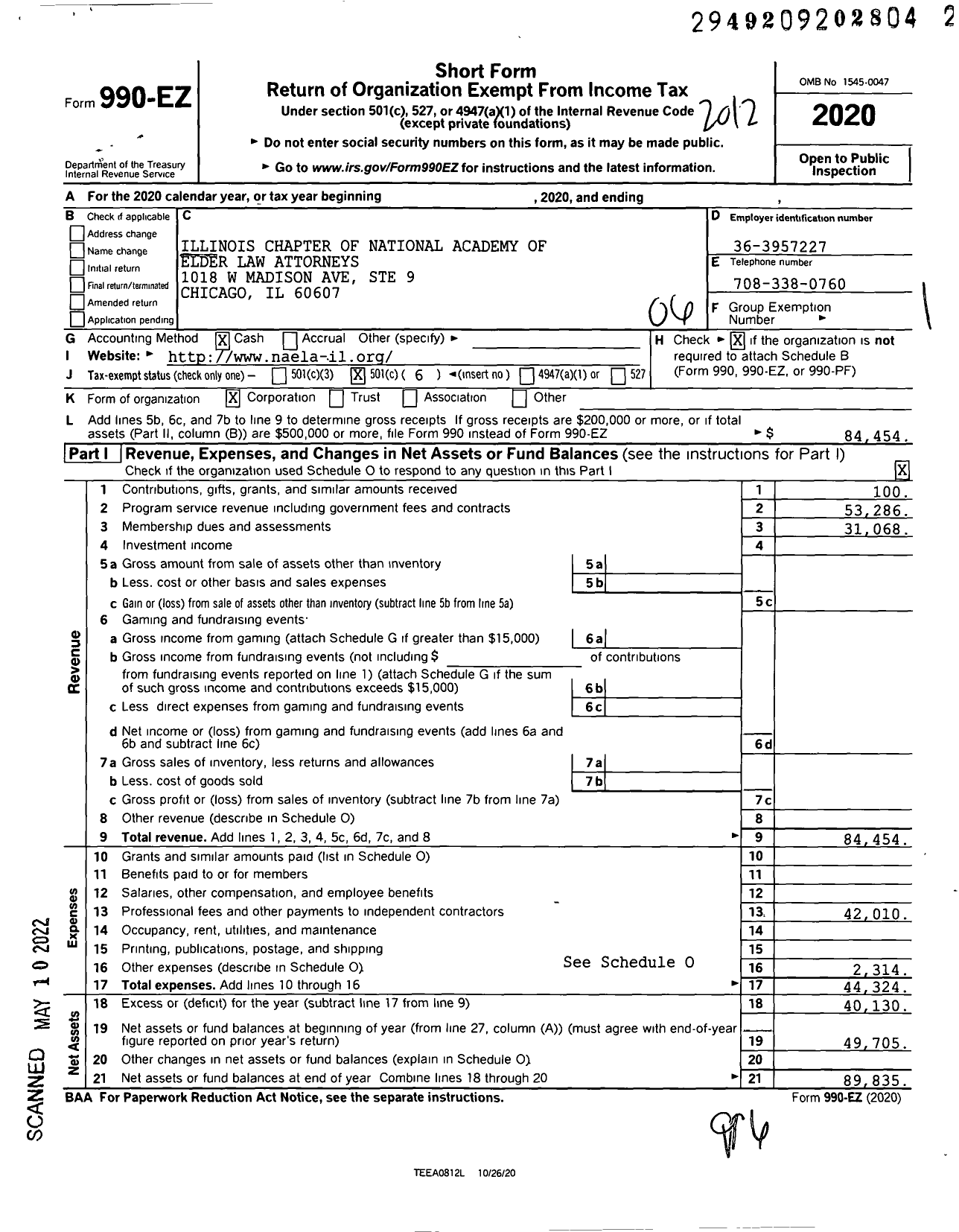 Image of first page of 2020 Form 990EO for Illinois Chapter of National Academy of Elder Law Attorneys