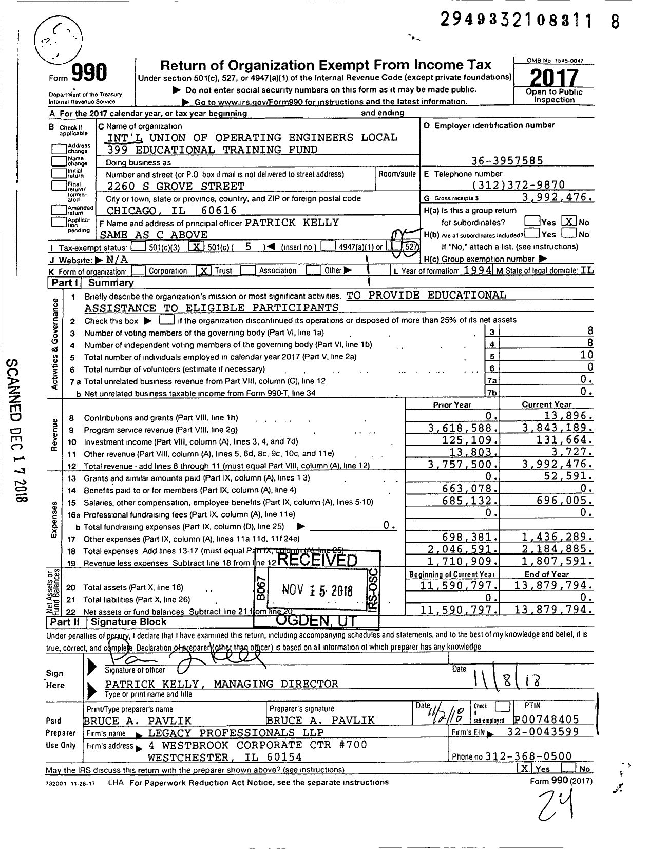 Image of first page of 2017 Form 990O for International Union of Operating Engineers Local 399 Educational Training Fund