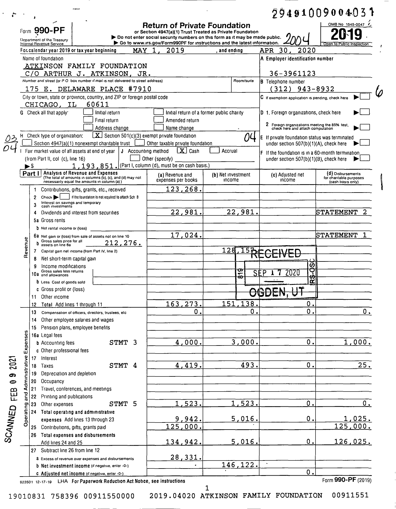 Image of first page of 2019 Form 990PF for Atkinson Family Foundation