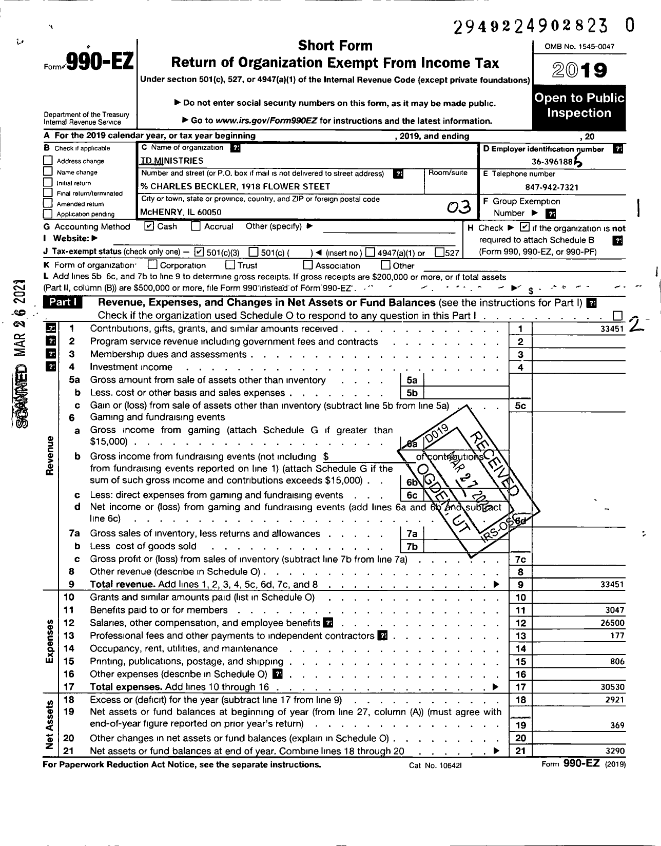 Image of first page of 2019 Form 990EZ for TD D Ministries