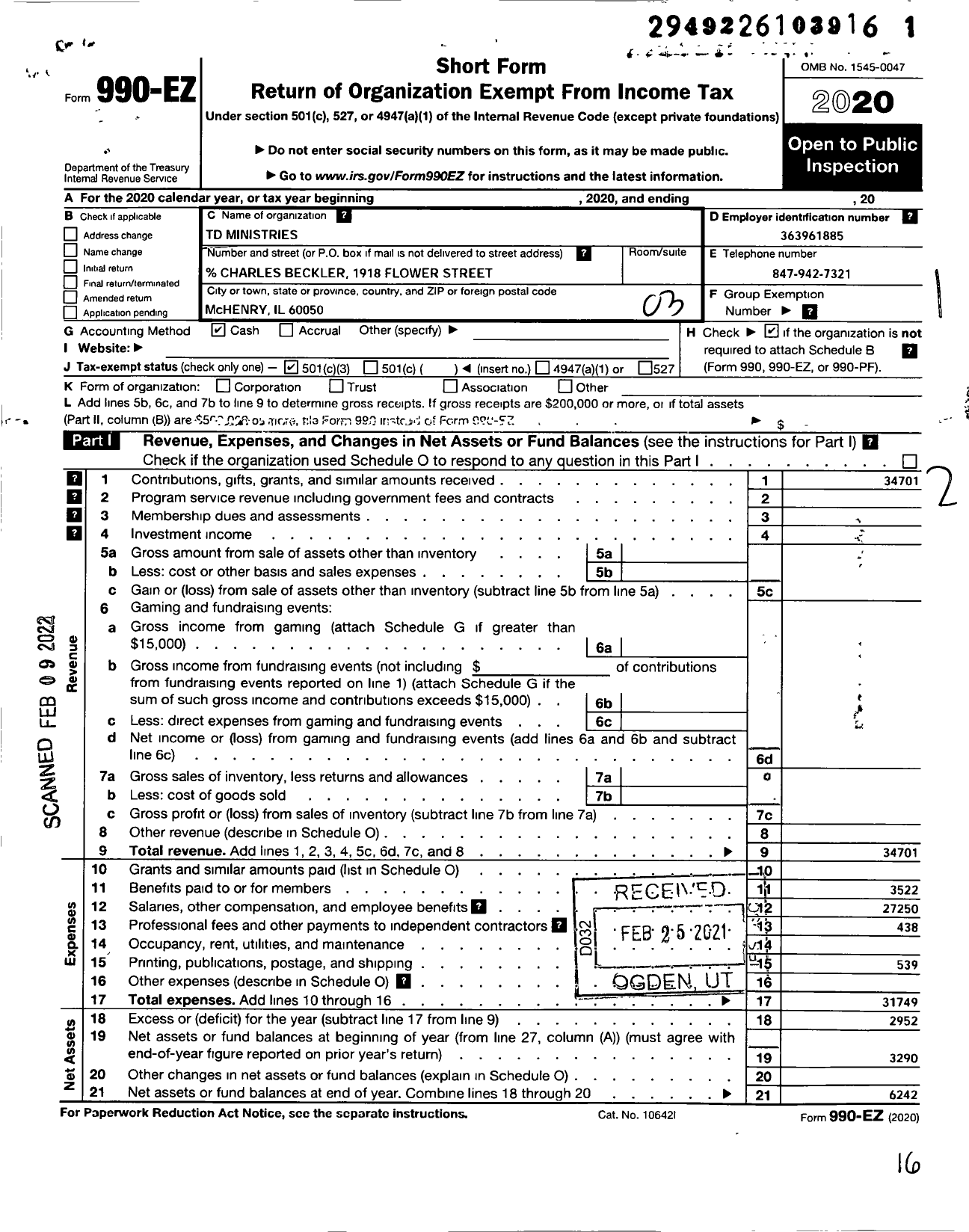 Image of first page of 2020 Form 990EZ for TD D Ministries