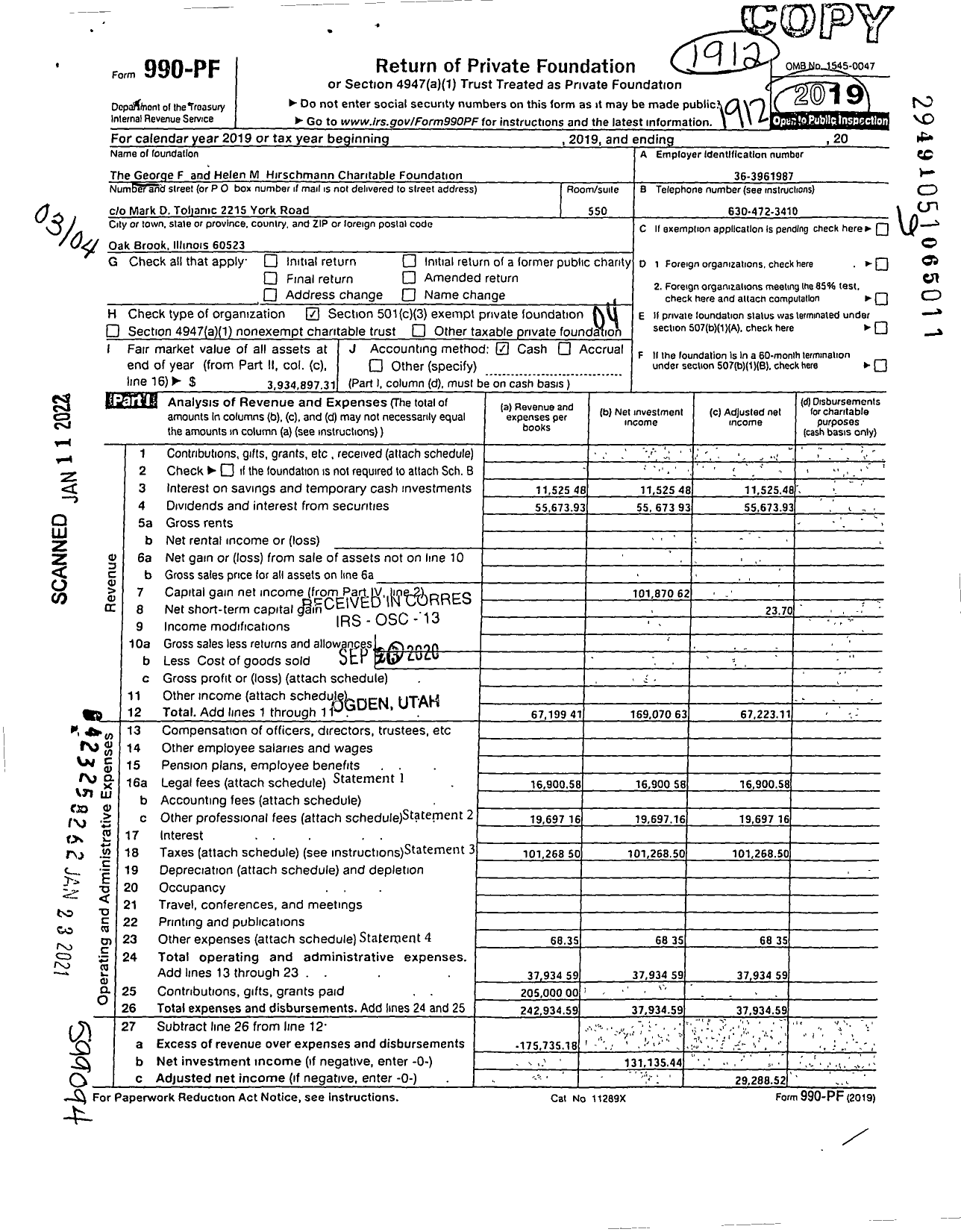 Image of first page of 2019 Form 990PF for George F and Helen M Hirschmann Charitable Foundation