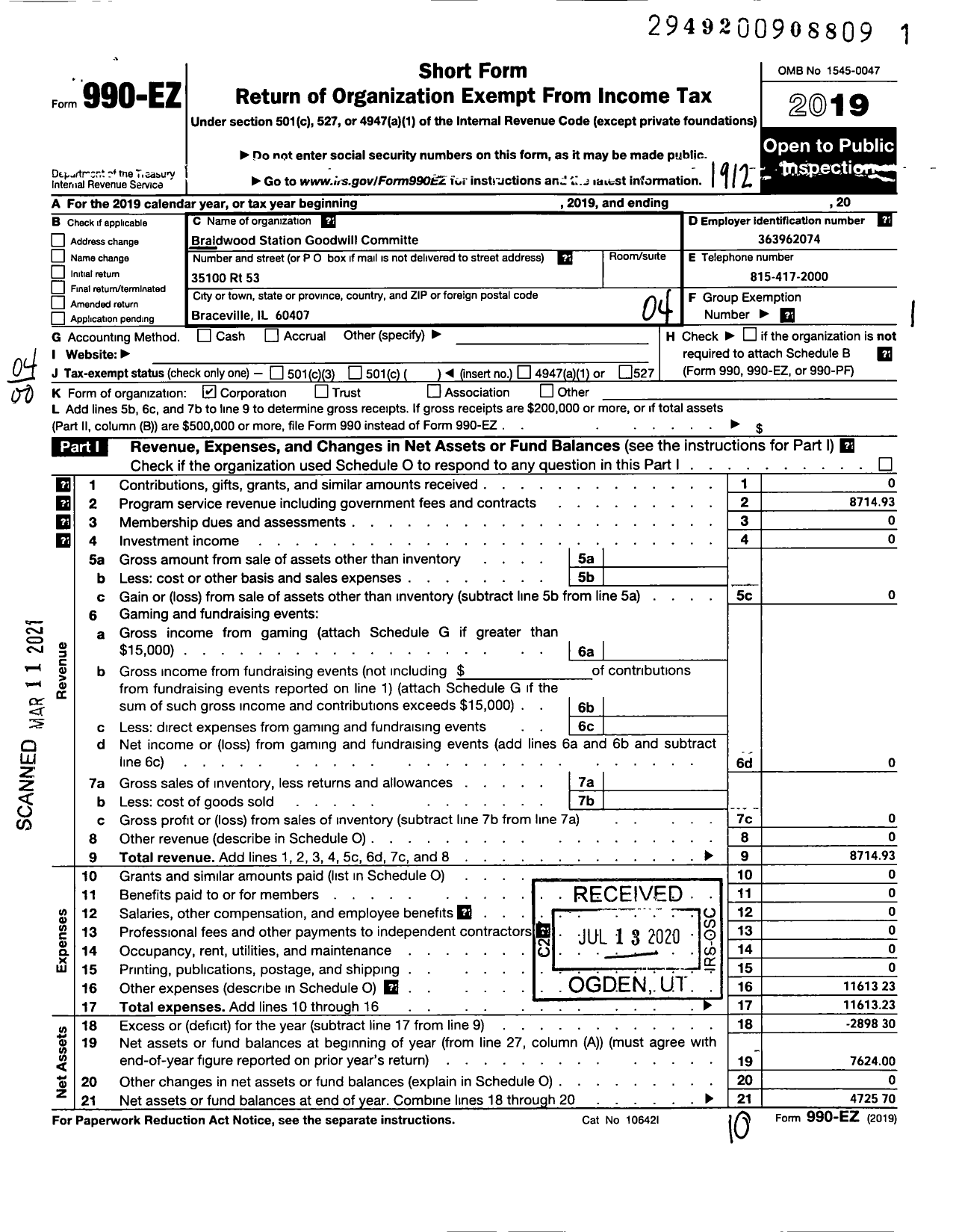 Image of first page of 2019 Form 990EO for Braidwood Station Goodwill Fund