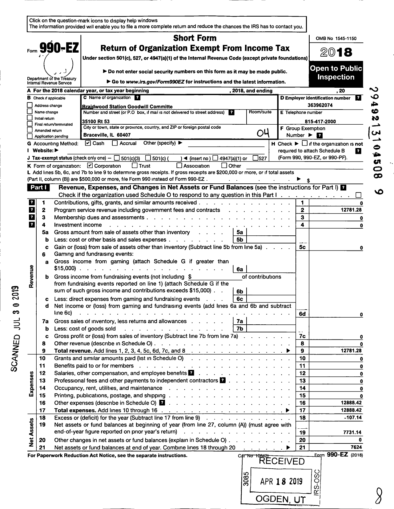 Image of first page of 2018 Form 990EO for Braidwood Station Goodwill Fund