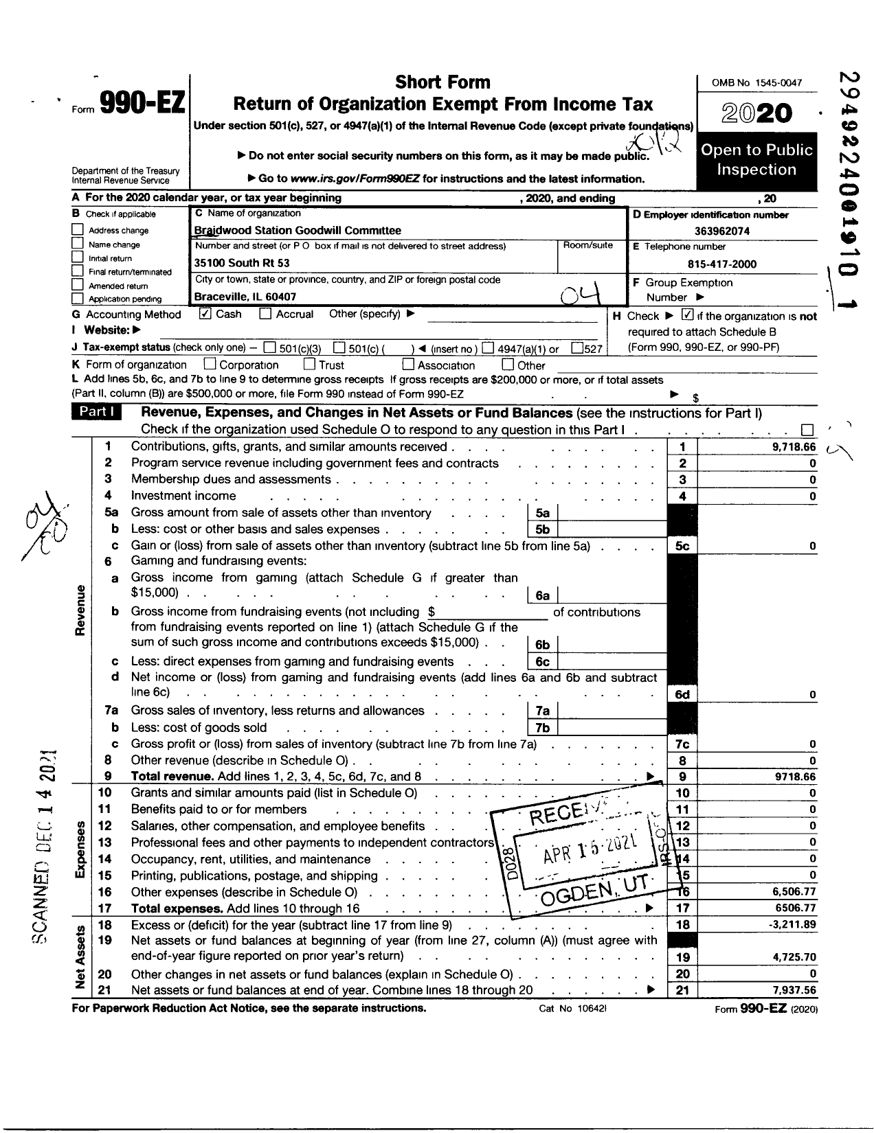 Image of first page of 2020 Form 990EO for Braidwood Station Goodwill Fund