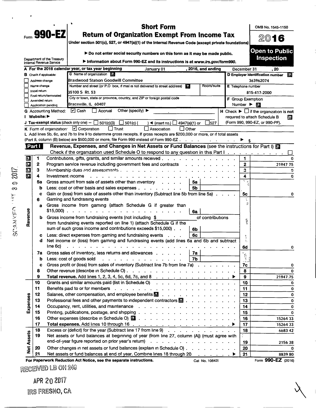 Image of first page of 2016 Form 990EO for Braidwood Station Goodwill Fund