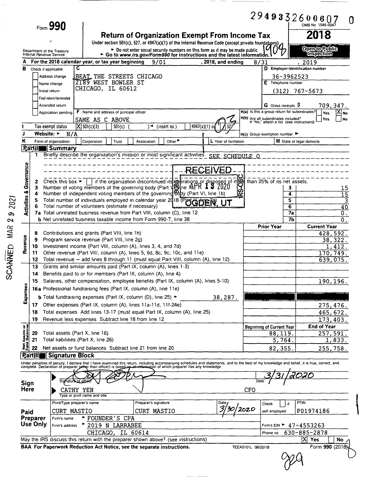 Image of first page of 2018 Form 990 for Beat the Streets Chicago