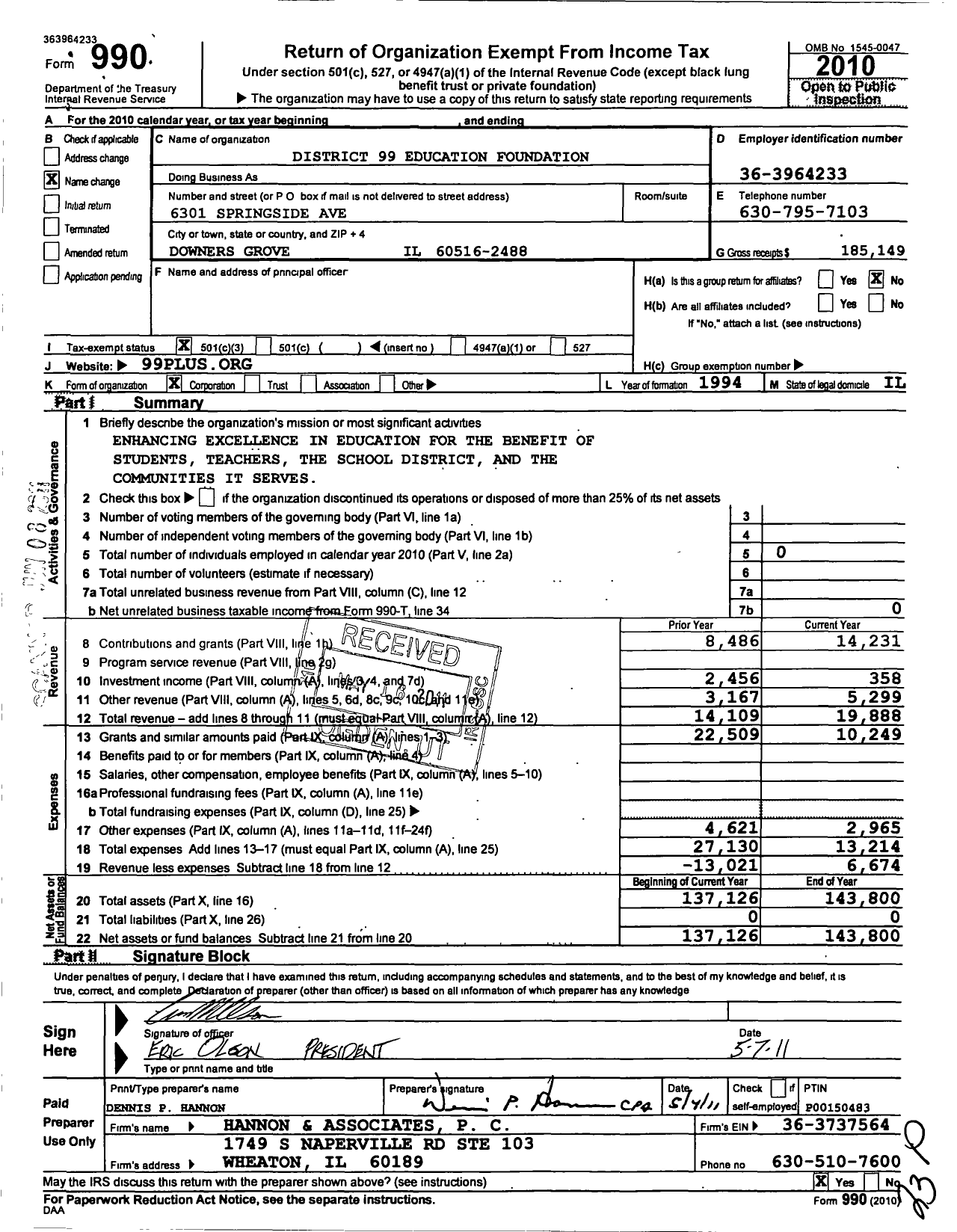 Image of first page of 2010 Form 990 for District 99 Education Foundation