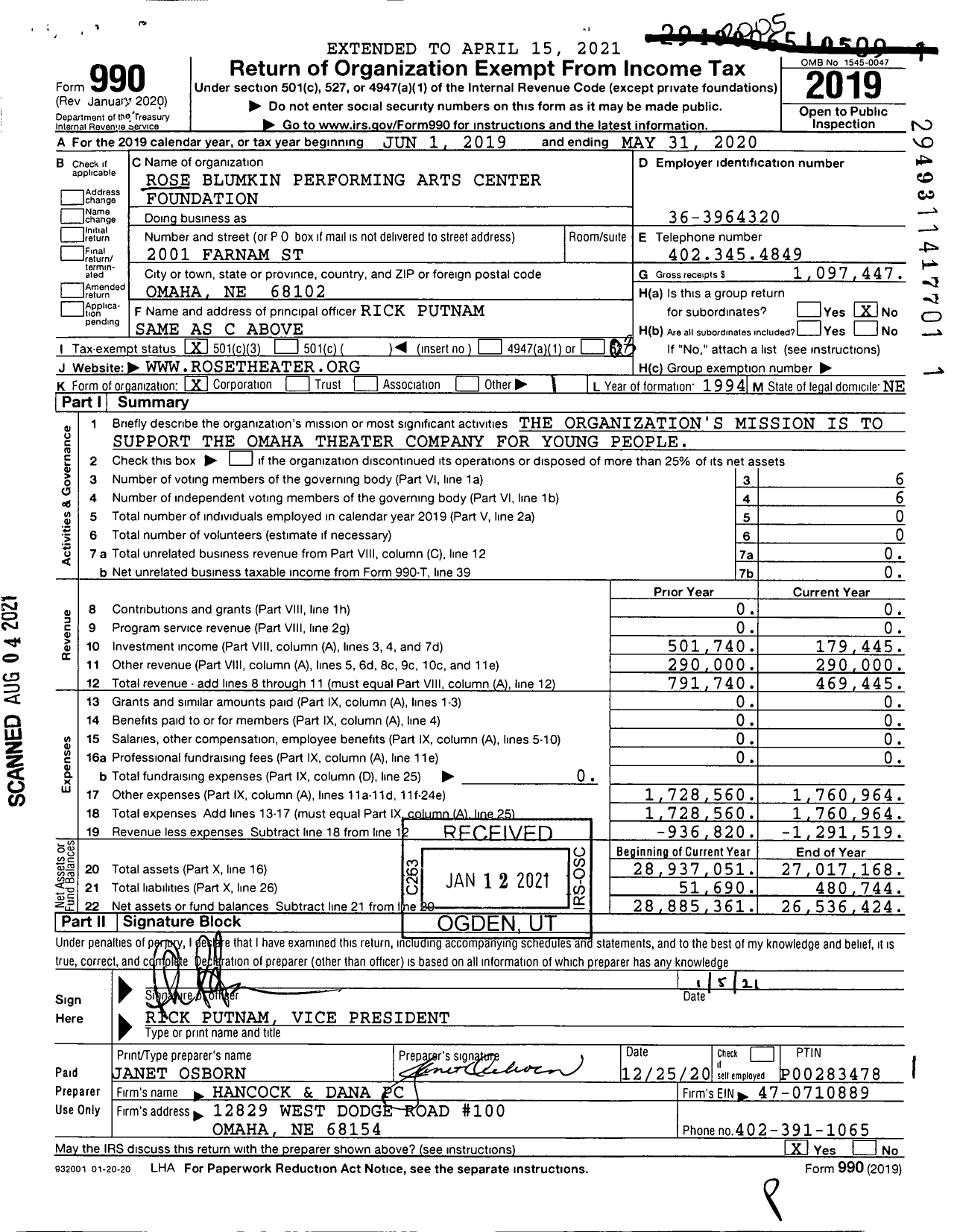Image of first page of 2019 Form 990 for Rose Blumkin Performing Arts Center Foundation