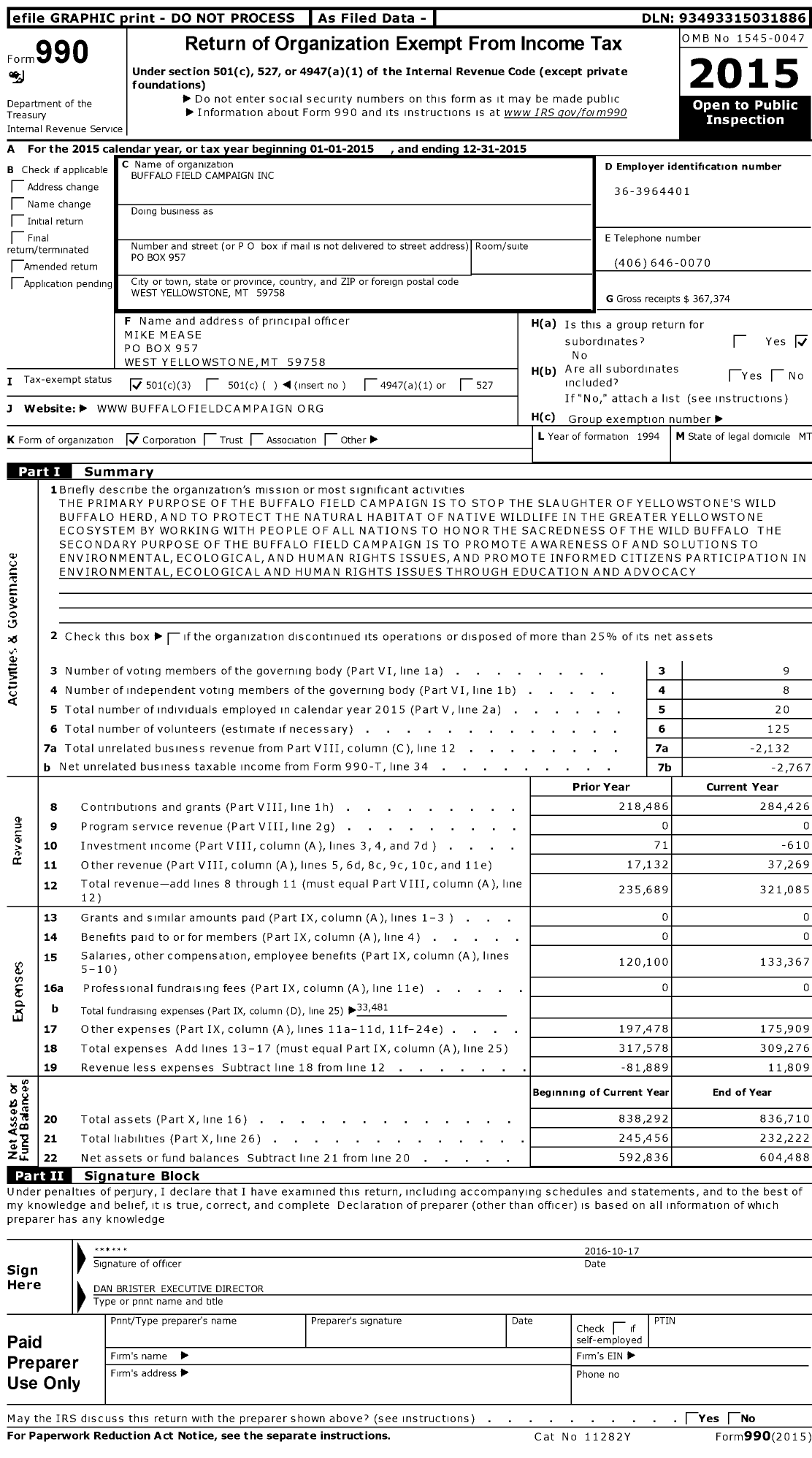 Image of first page of 2015 Form 990 for Buffalo Field Campaign