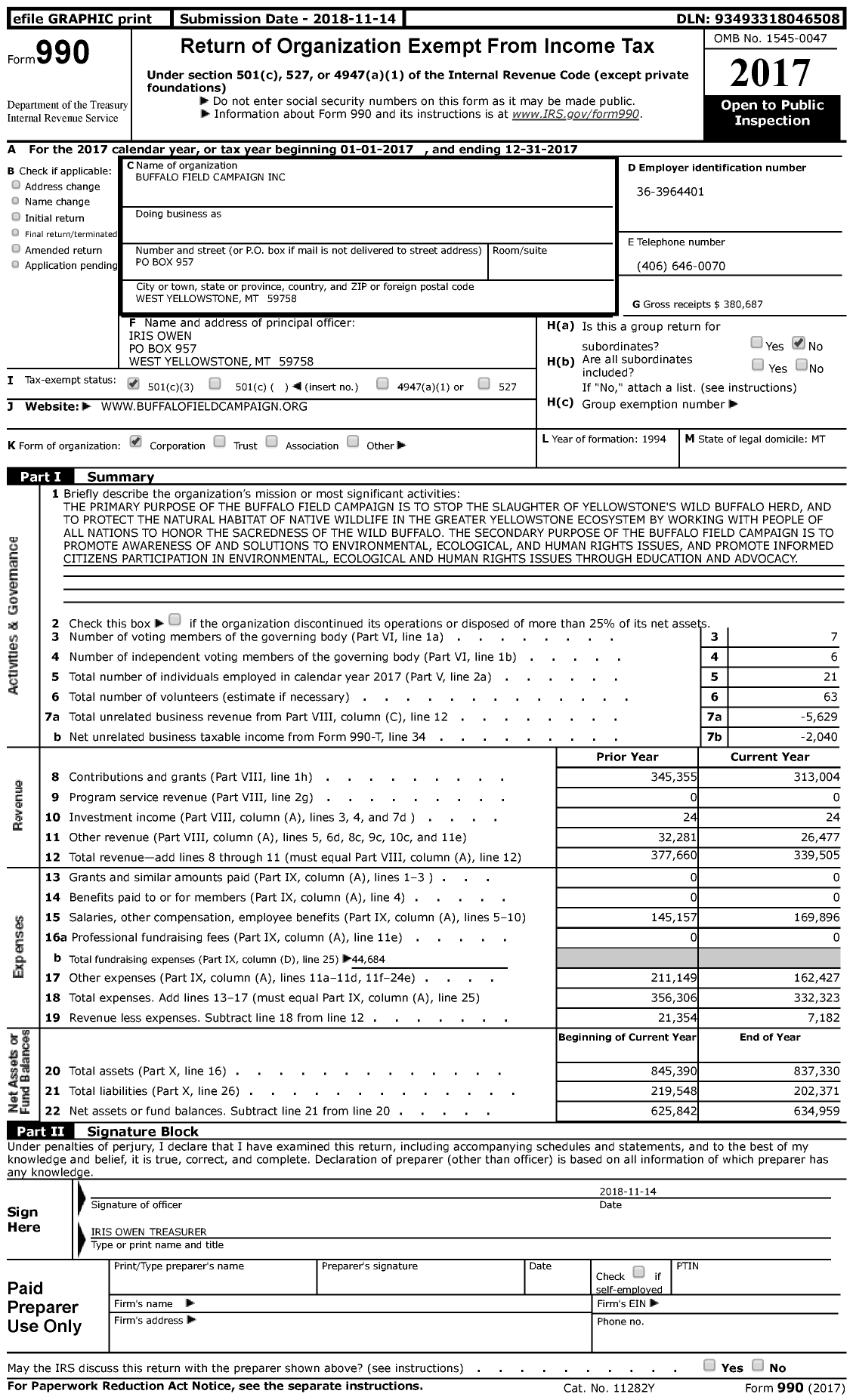 Image of first page of 2017 Form 990 for Buffalo Field Campaign