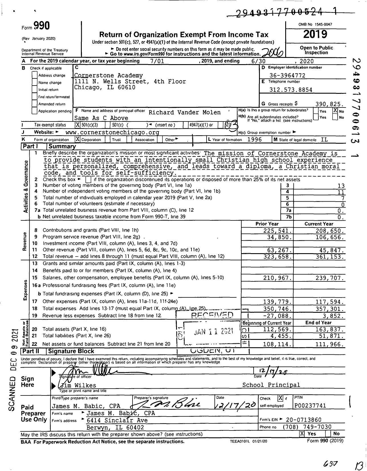 Image of first page of 2019 Form 990 for Cornerstone Academy