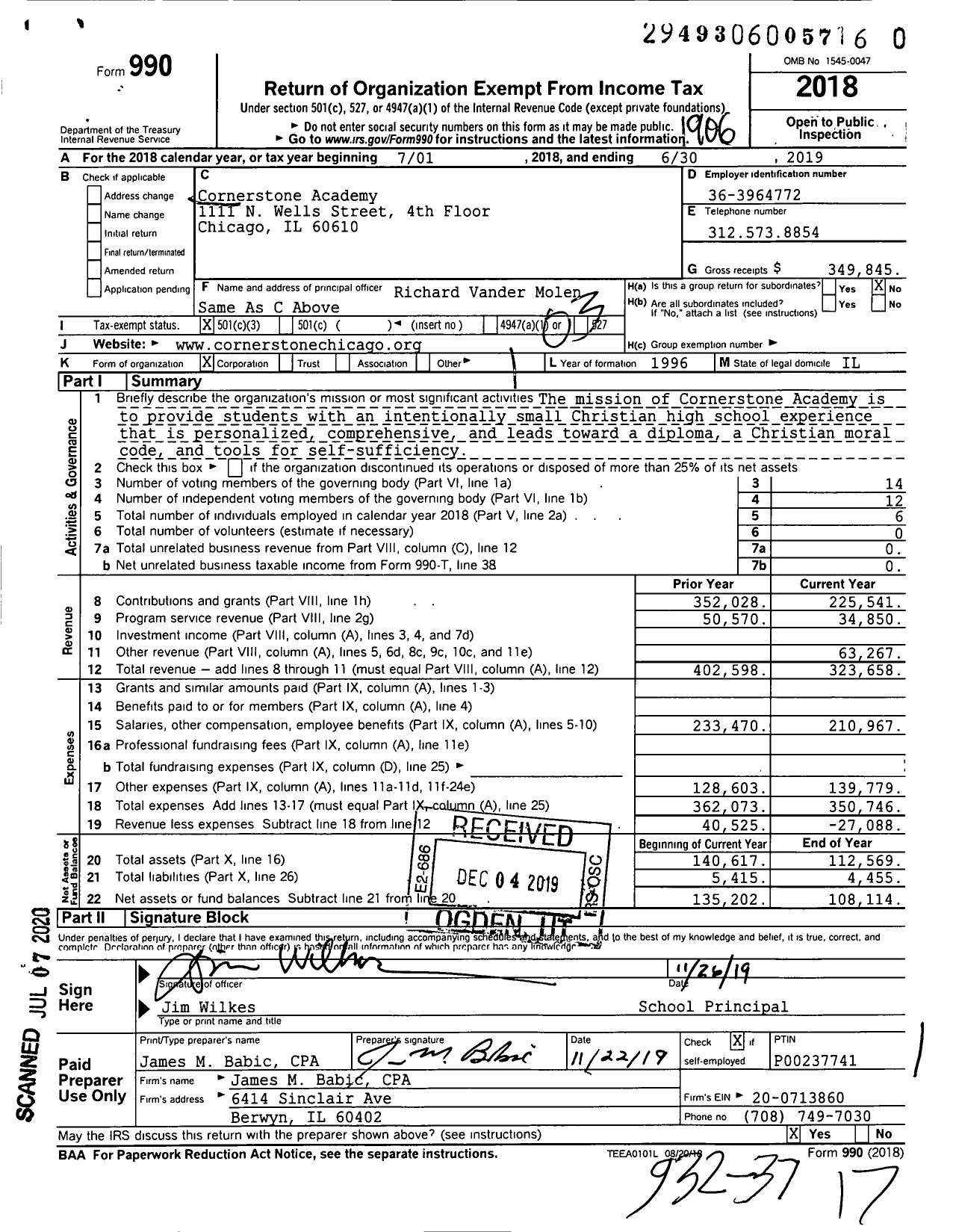 Image of first page of 2018 Form 990 for Cornerstone Academy